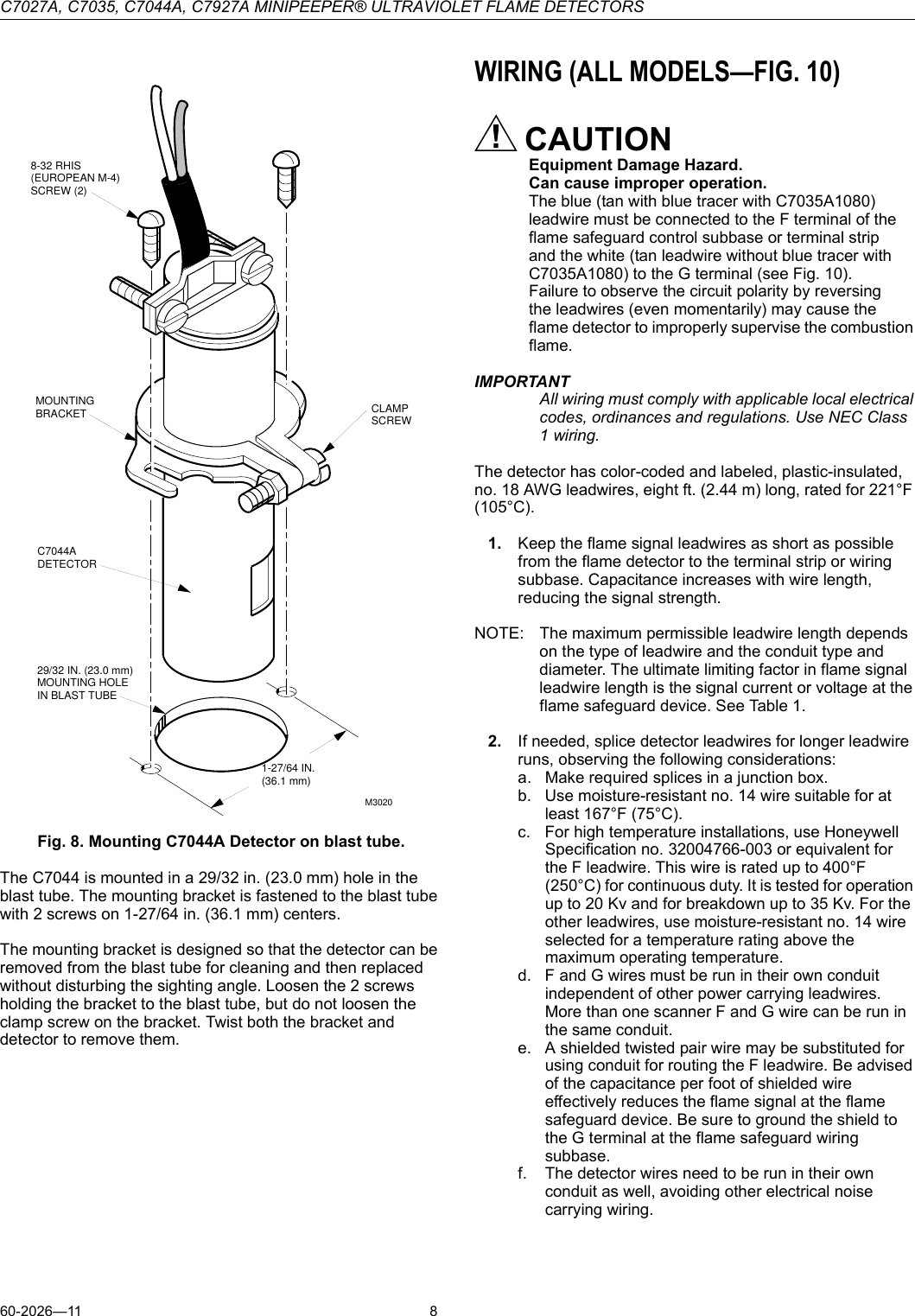 Page 8 of 12 - Honeywell Honeywell-Honeywell-Carbon-Monoxide-Alarm-C7035-Users-Manual- C7027A, C7035, C7044A, C7927A MINIPEEPER ULTRAVIOLET FLAME DETECTORS  Honeywell-honeywell-carbon-monoxide-alarm-c7035-users-manual