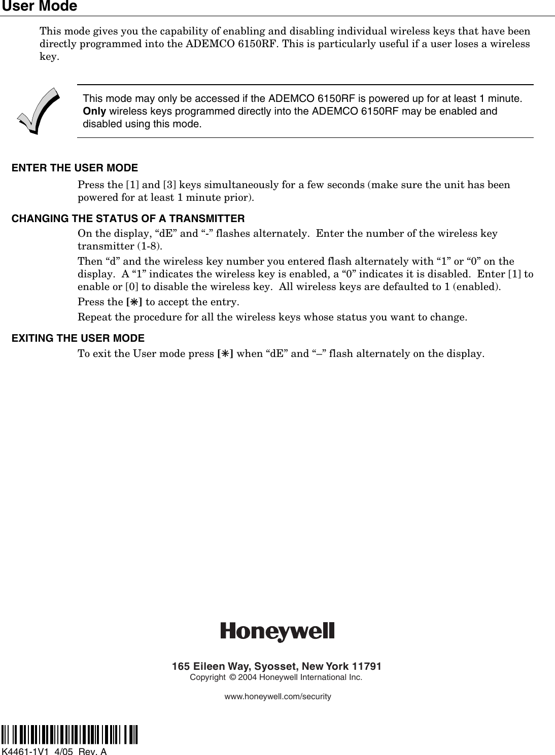 Page 2 of 2 - Honeywell Honeywell-Honeywell-Door-6150Rf-Users-Manual K4461-1V1ug