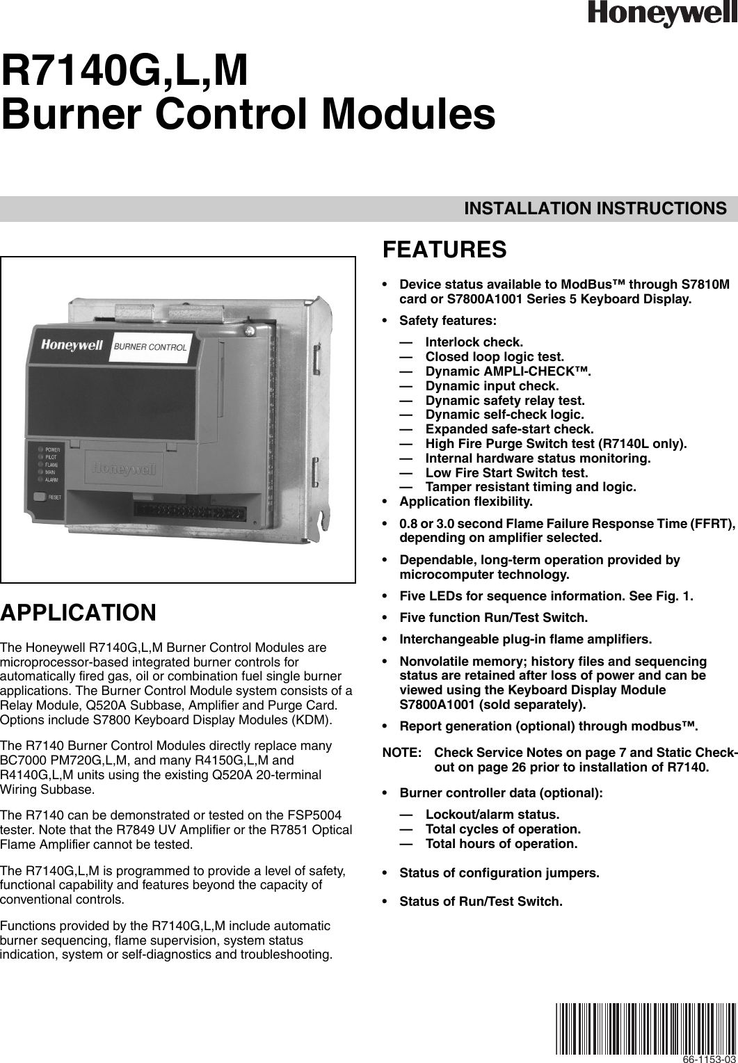 Honeywell Dvd Recorder L Users Manual 66 1153—03 R7140G,L,M Burner