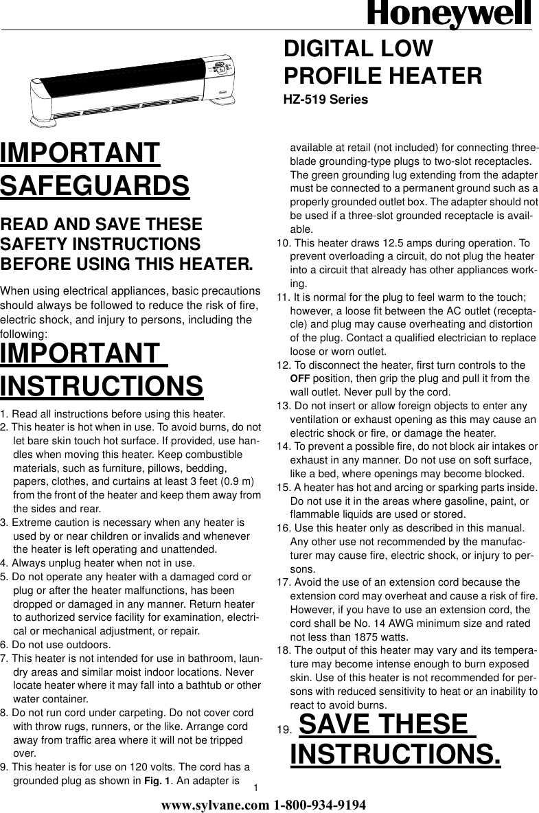 Page 1 of 5 - Honeywell Honeywell-Honeywell-Electric-Heater-Hz-519-Users-Manual- HZ-519 Owner's Manual  Honeywell-honeywell-electric-heater-hz-519-users-manual