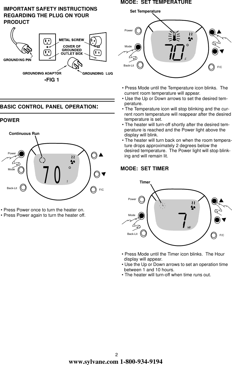 Page 2 of 5 - Honeywell Honeywell-Honeywell-Electric-Heater-Hz-519-Users-Manual- HZ-519 Owner's Manual  Honeywell-honeywell-electric-heater-hz-519-users-manual