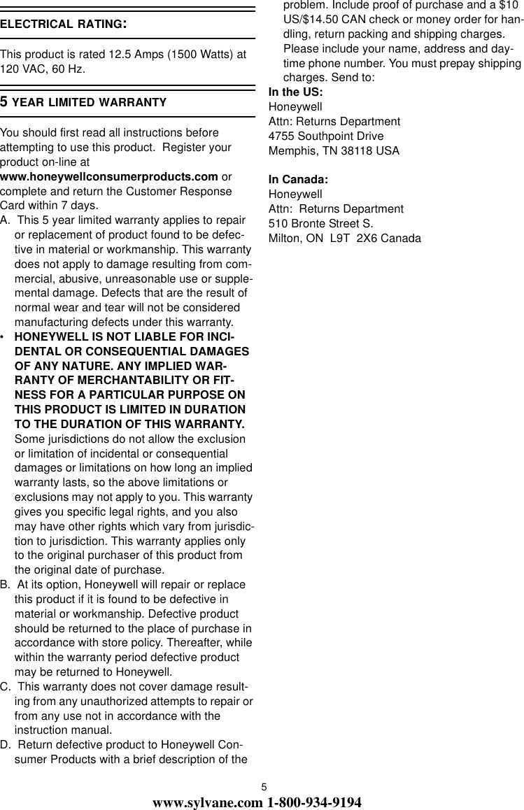 Page 5 of 5 - Honeywell Honeywell-Honeywell-Electric-Heater-Hz-519-Users-Manual- HZ-519 Owner's Manual  Honeywell-honeywell-electric-heater-hz-519-users-manual