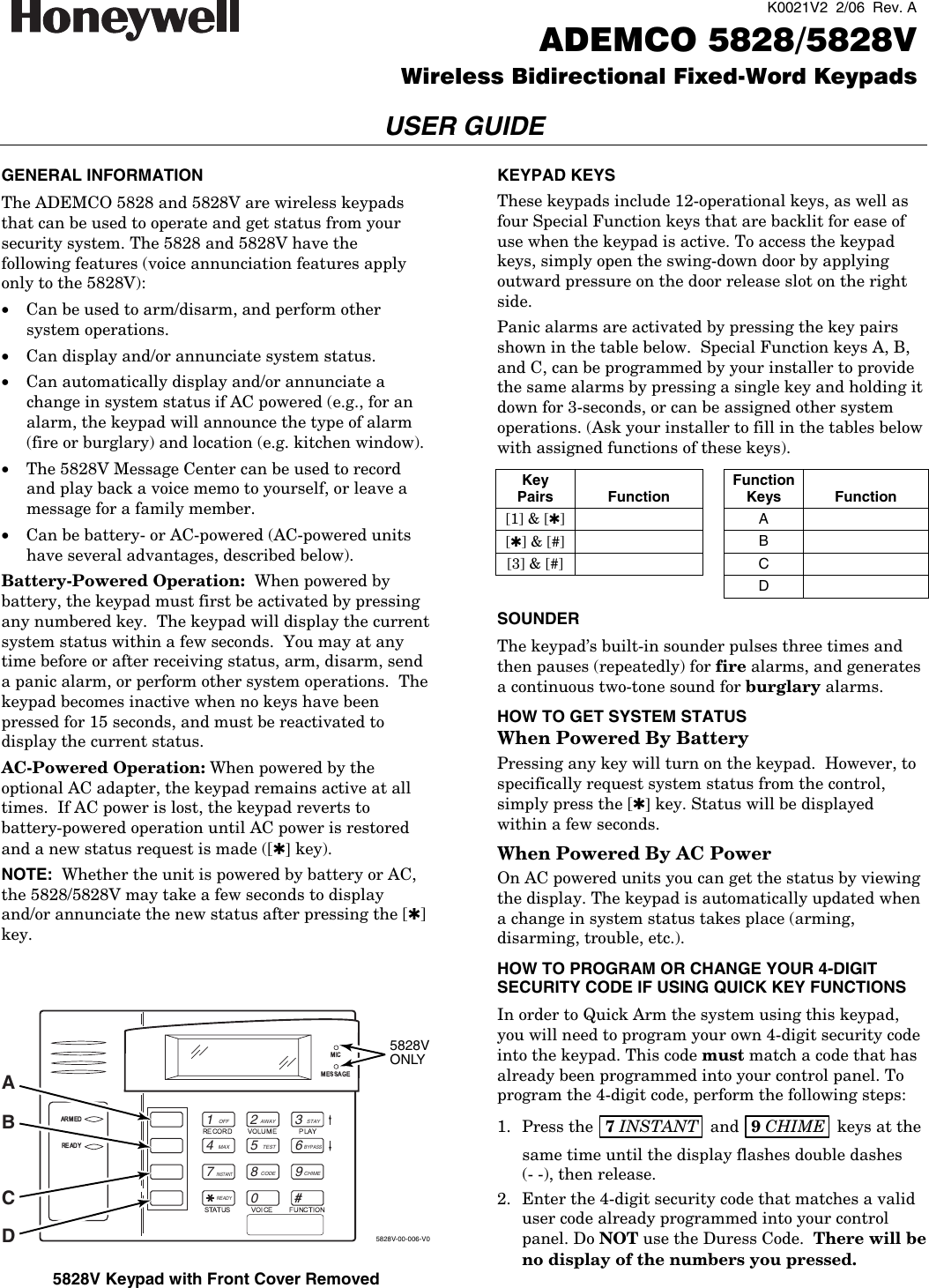 Honeywell Garage Door Opener 5828 5828v Users Manual K0021v2 Reva