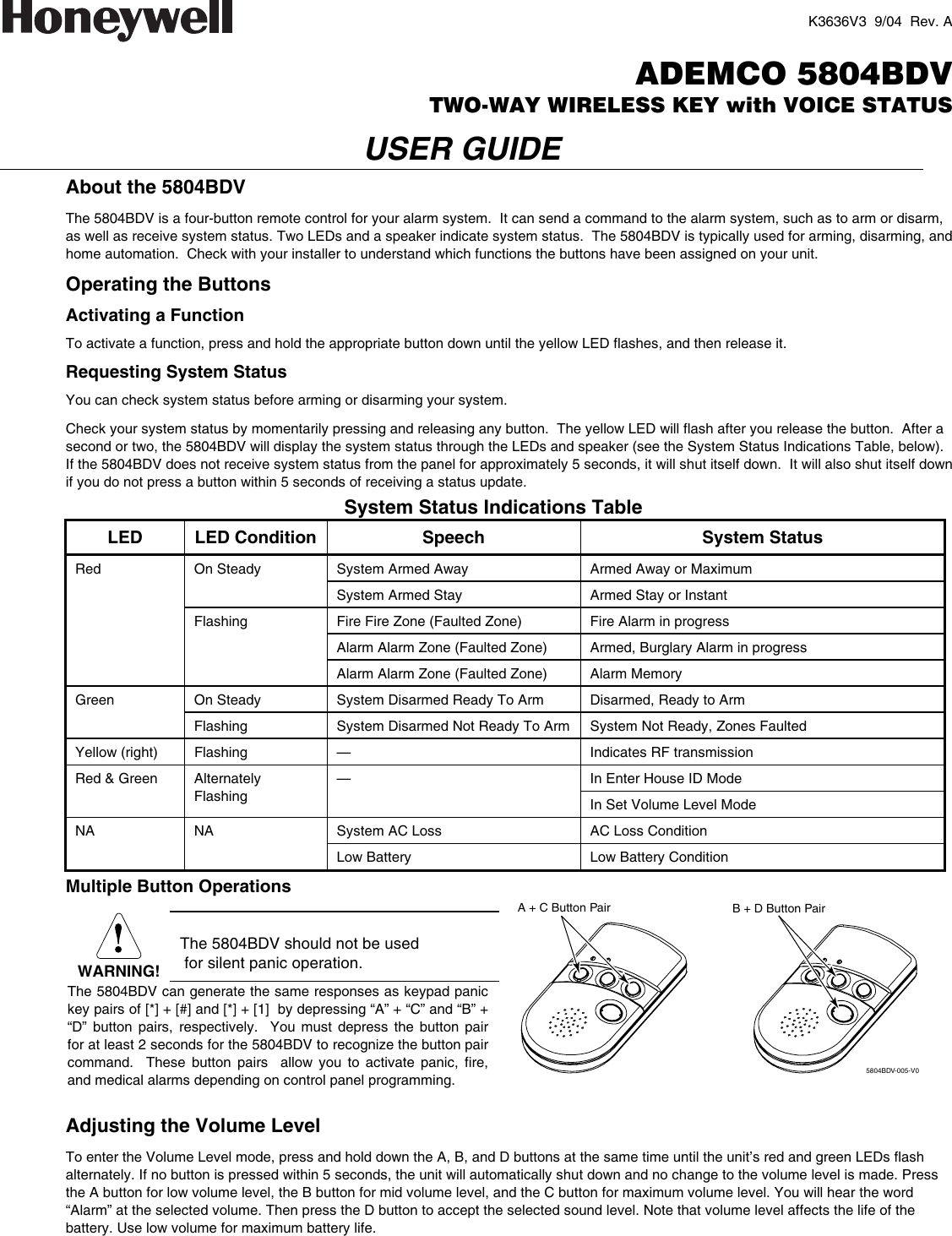 Page 1 of 2 - Honeywell Honeywell-Honeywell-Home-Security-System-5804Bdv-Users-Manual K3636V3_RevA_ug