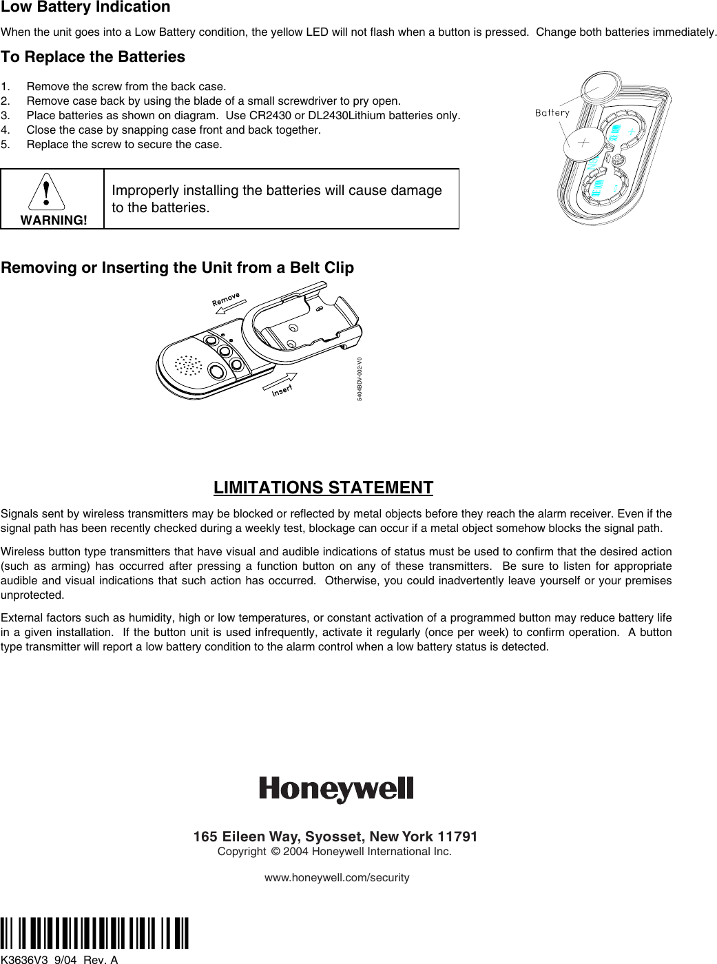 Page 2 of 2 - Honeywell Honeywell-Honeywell-Home-Security-System-5804Bdv-Users-Manual K3636V3_RevA_ug