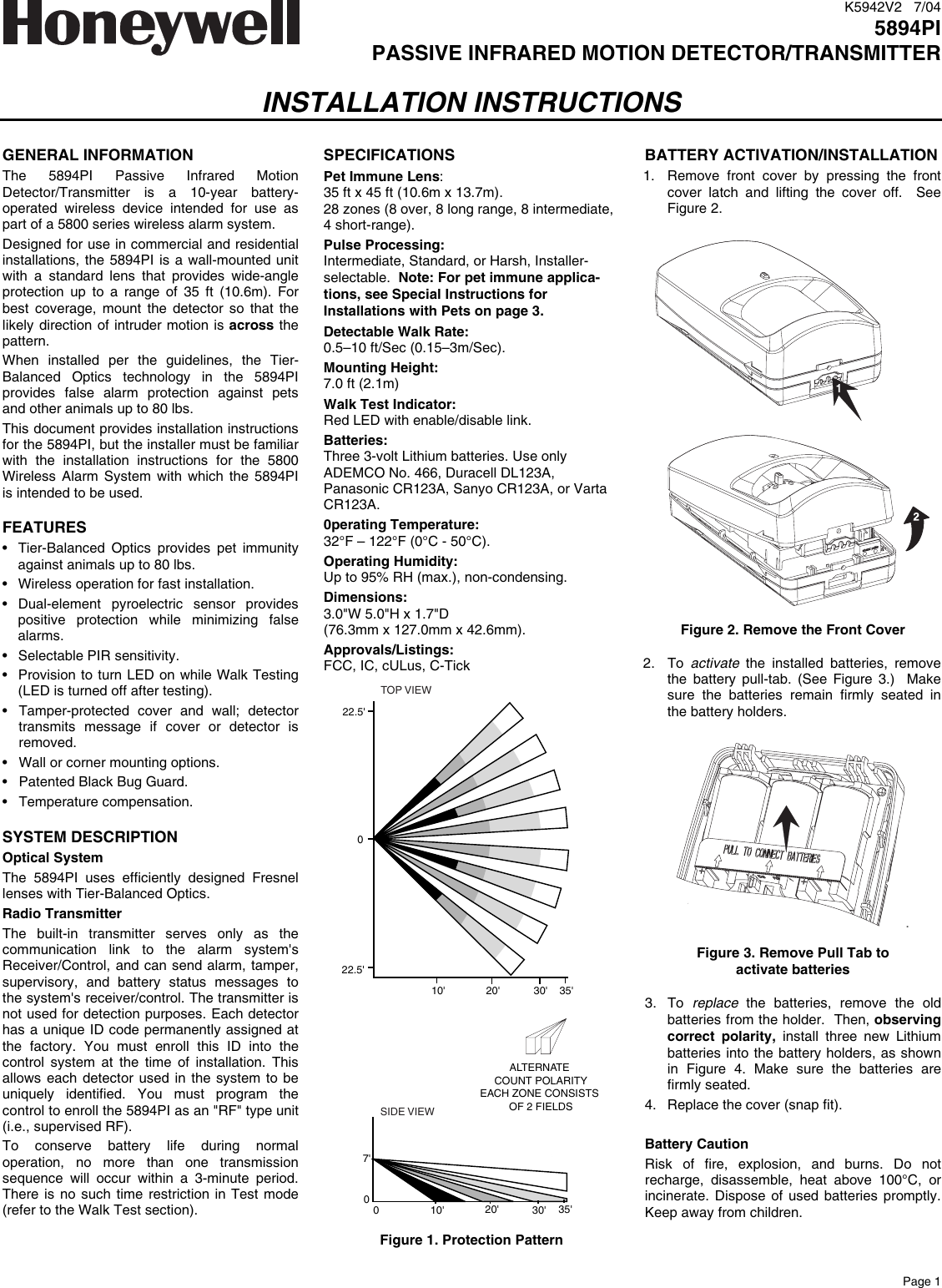 Page 1 of 4 - Honeywell Honeywell-Honeywell-Home-Security-System-5894Pi-Users-Manual K5942V2