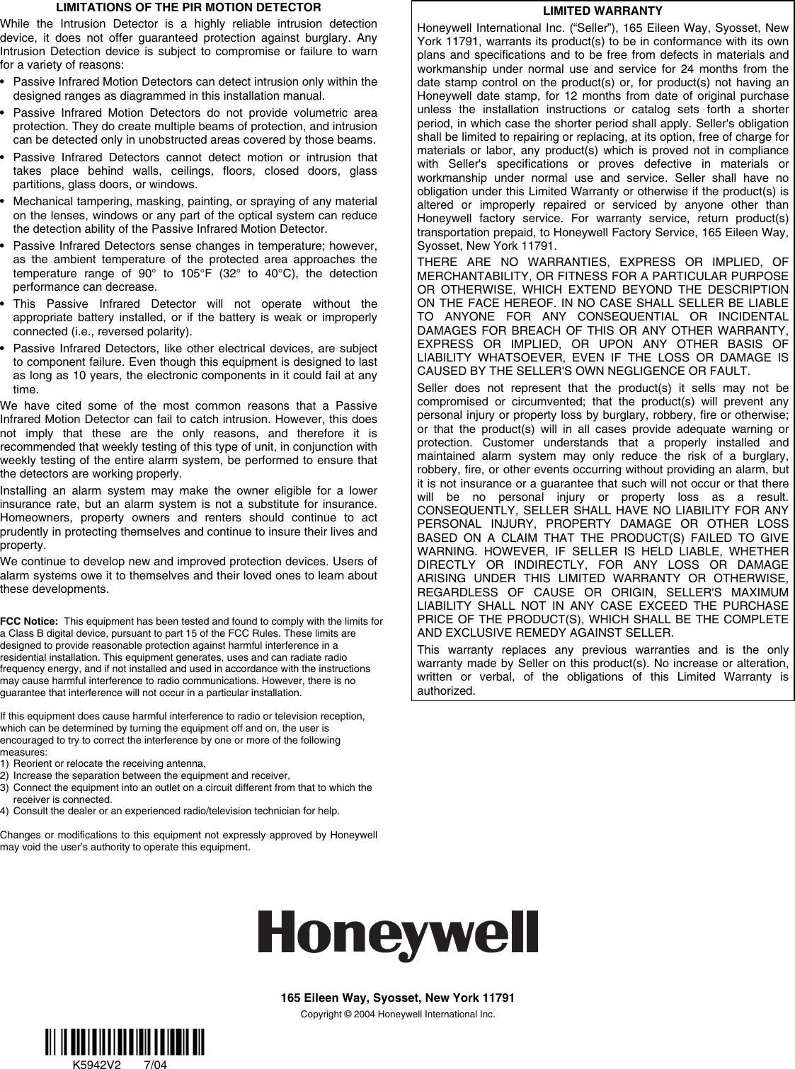 Page 4 of 4 - Honeywell Honeywell-Honeywell-Home-Security-System-5894Pi-Users-Manual K5942V2