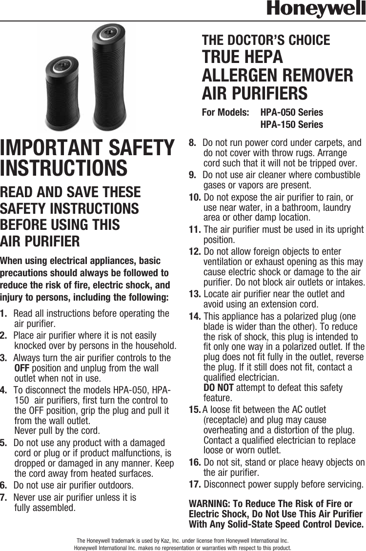 Page 1 of 6 - Honeywell Honeywell-Honeywell-Hpa-050-Air-Purifier-Hpa050-Users-Manual-  Honeywell-honeywell-hpa-050-air-purifier-hpa050-users-manual