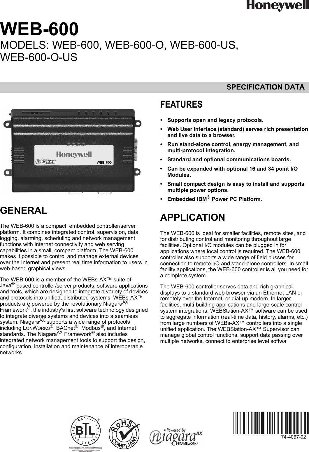 Page 1 of 4 - Honeywell Honeywell-Honeywell-Life-Jacket-Web-600-Users-Manual- 74-4067_B WEB-600 S  Honeywell-honeywell-life-jacket-web-600-users-manual