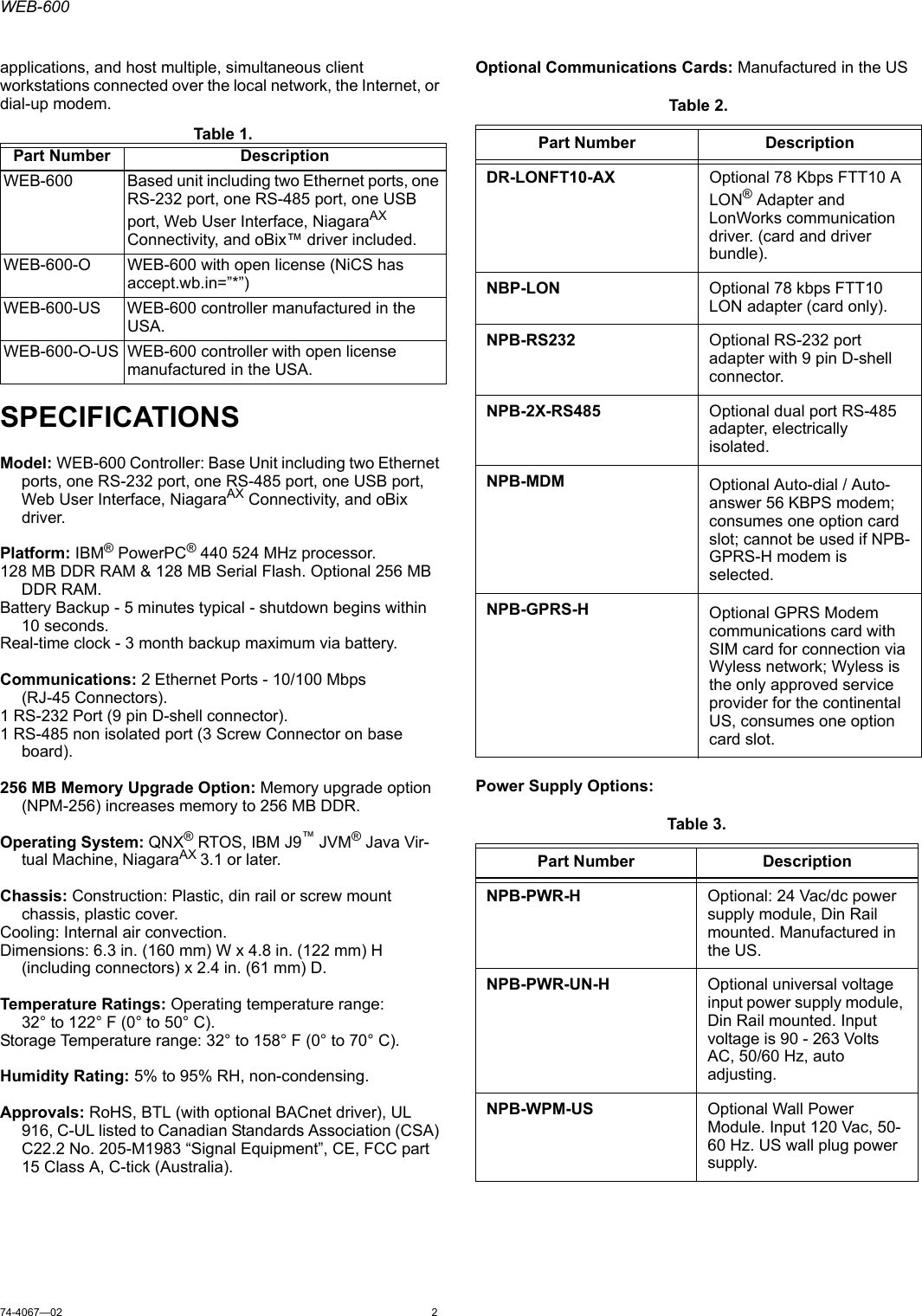 Page 2 of 4 - Honeywell Honeywell-Honeywell-Life-Jacket-Web-600-Users-Manual- 74-4067_B WEB-600 S  Honeywell-honeywell-life-jacket-web-600-users-manual