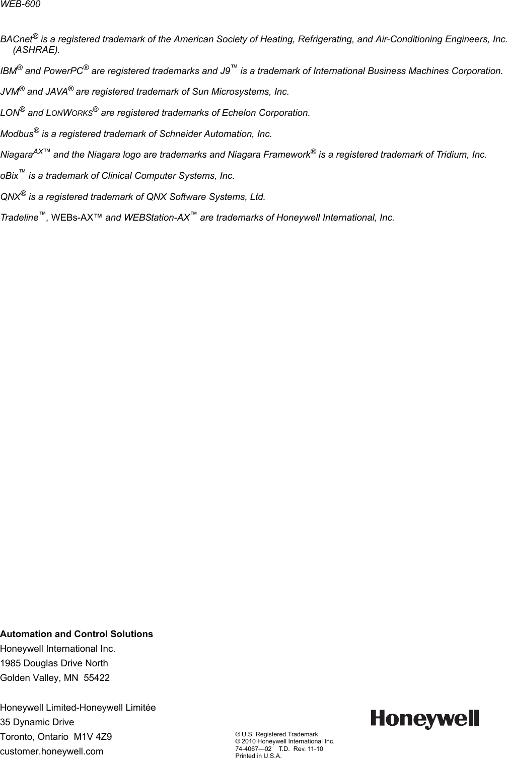 Page 4 of 4 - Honeywell Honeywell-Honeywell-Life-Jacket-Web-600-Users-Manual- 74-4067_B WEB-600 S  Honeywell-honeywell-life-jacket-web-600-users-manual