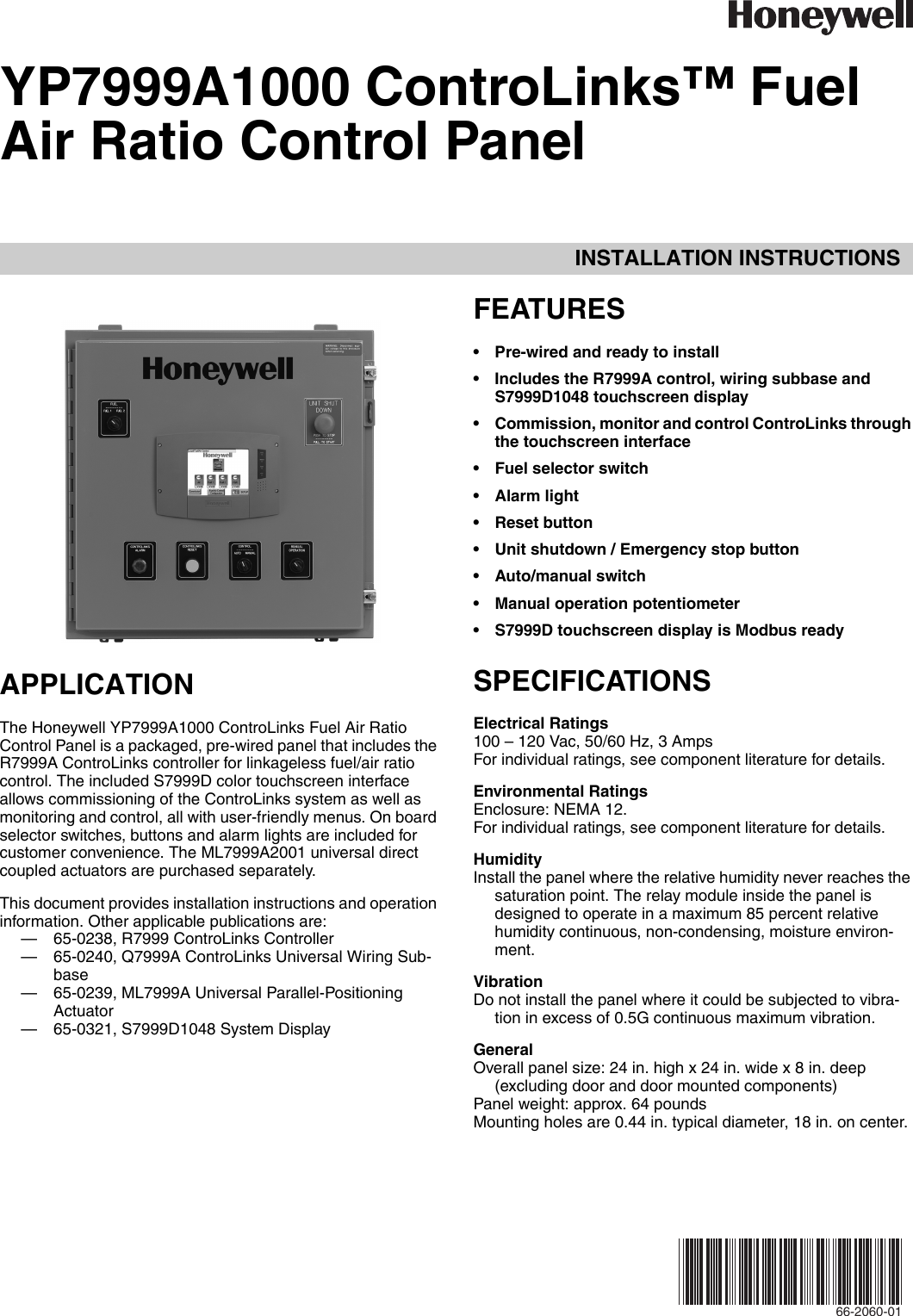 Page 1 of 8 - Honeywell Honeywell-Honeywell-Marine-Instruments-Yp7999A1000-Users-Manual- 66-2060—01 - YP7999A1000 ControLinks™ Fuel Air Ratio Control Panel  Honeywell-honeywell-marine-instruments-yp7999a1000-users-manual