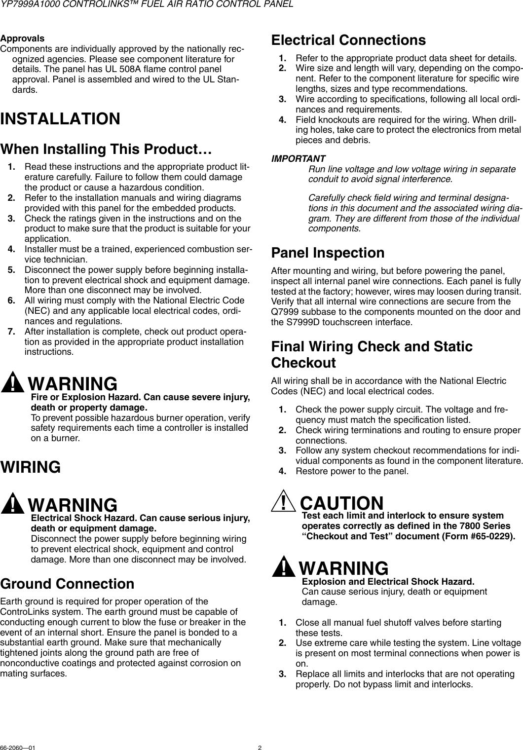 Page 2 of 8 - Honeywell Honeywell-Honeywell-Marine-Instruments-Yp7999A1000-Users-Manual- 66-2060—01 - YP7999A1000 ControLinks™ Fuel Air Ratio Control Panel  Honeywell-honeywell-marine-instruments-yp7999a1000-users-manual