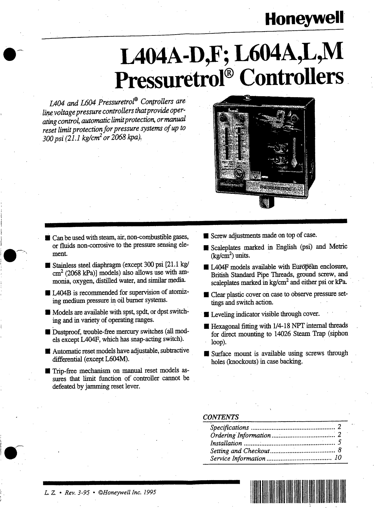 Page 1 of 10 - Honeywell Honeywell-Honeywell-Sleep-Apnea-Machine-L404A-D-Users-Manual- 4b Pressuretrol  Honeywell-honeywell-sleep-apnea-machine-l404a-d-users-manual