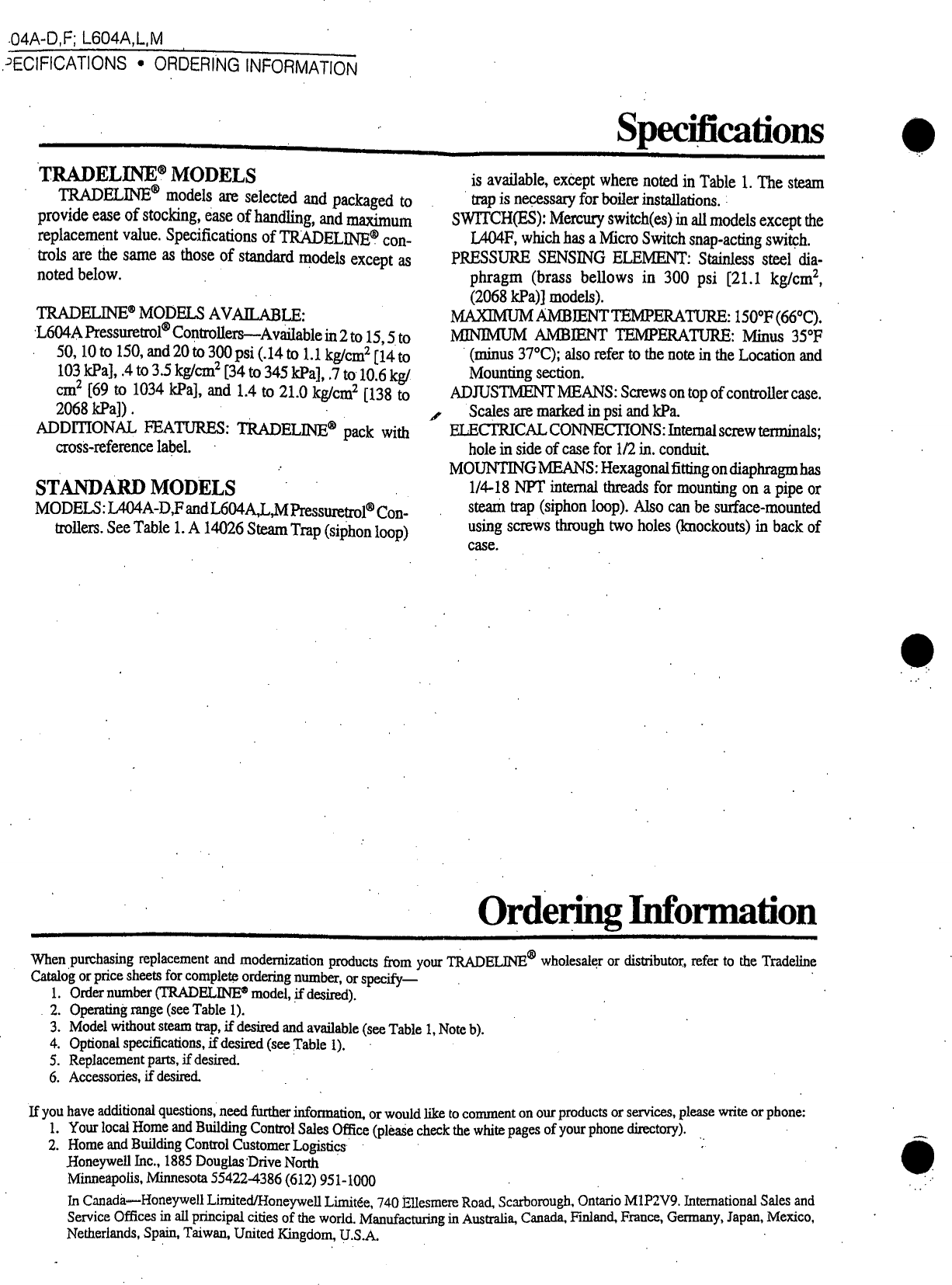 Page 2 of 10 - Honeywell Honeywell-Honeywell-Sleep-Apnea-Machine-L404A-D-Users-Manual- 4b Pressuretrol  Honeywell-honeywell-sleep-apnea-machine-l404a-d-users-manual