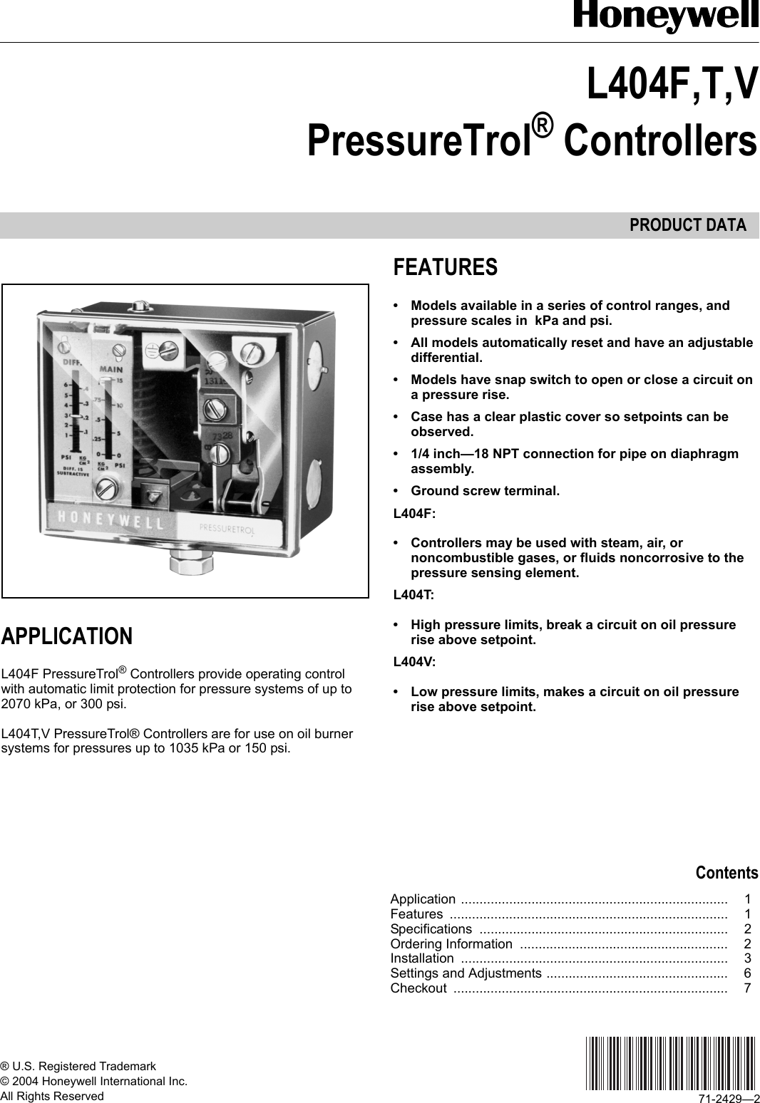 Page 1 of 8 - Honeywell Honeywell-Honeywell-Switch-L404T-Users-Manual- 71-2429-1  Honeywell-honeywell-switch-l404t-users-manual