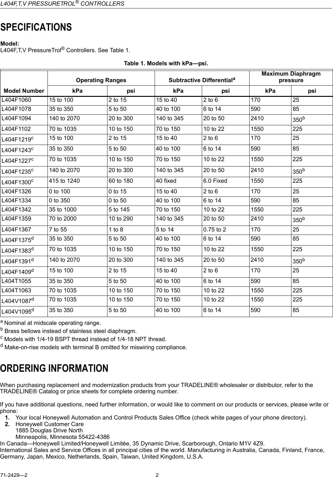 Page 2 of 8 - Honeywell Honeywell-Honeywell-Switch-L404T-Users-Manual- 71-2429-1  Honeywell-honeywell-switch-l404t-users-manual