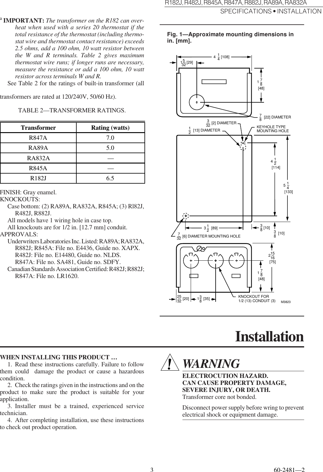 Page 3 of 6 - Honeywell Honeywell-Honeywell-Switch-R182J-Users-Manual- 60-2481 - R182J, R482J, R845A, R847A, R882J, RA89A, RA823A Switching Relays  Honeywell-honeywell-switch-r182j-users-manual