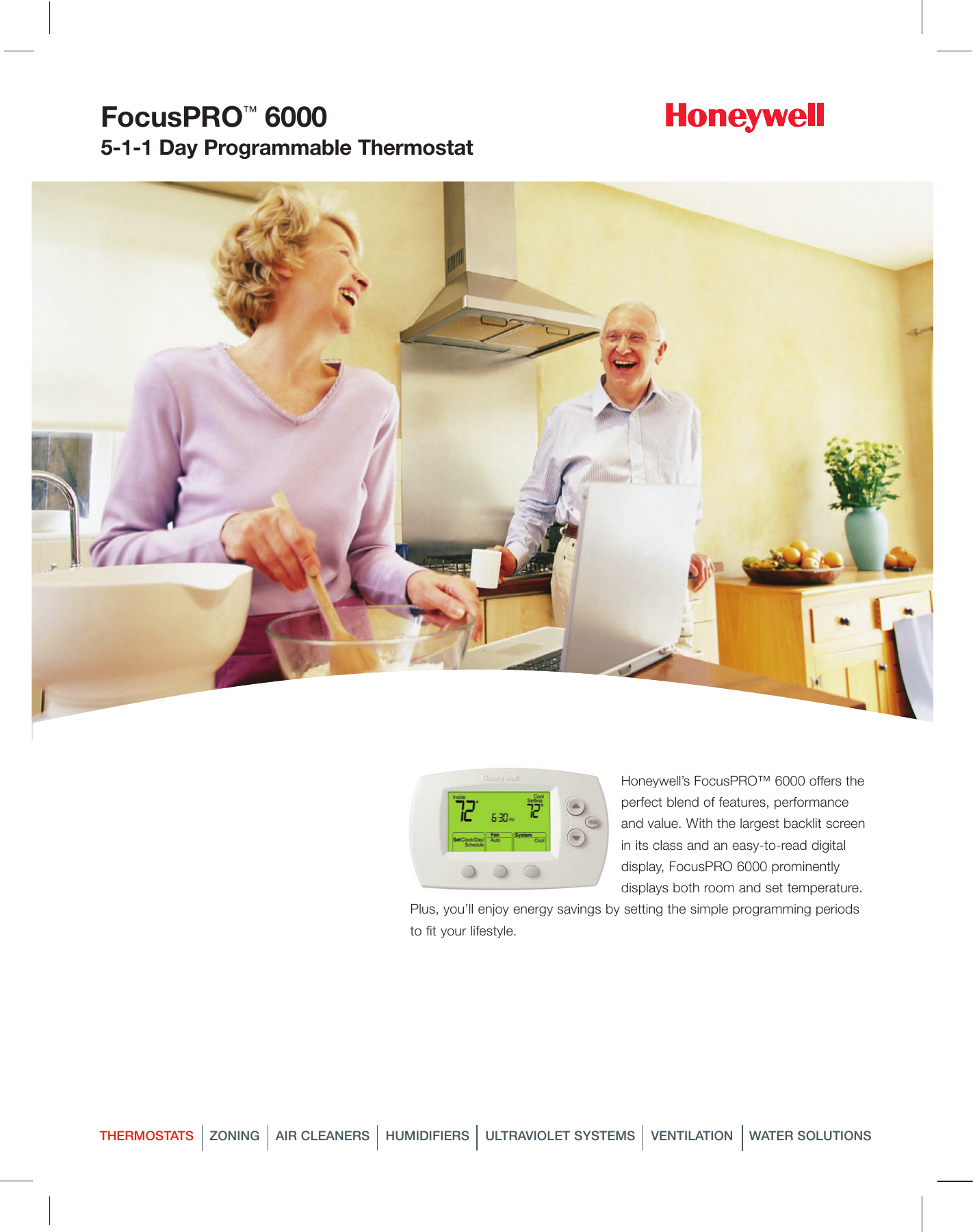 Page 1 of 2 - Honeywell Honeywell-Honeywell-Thermostat-6000-Users-Manual- 50-9278 - FocusPRO 6000 5-1-1 Day Programmable Thermostat  Honeywell-honeywell-thermostat-6000-users-manual