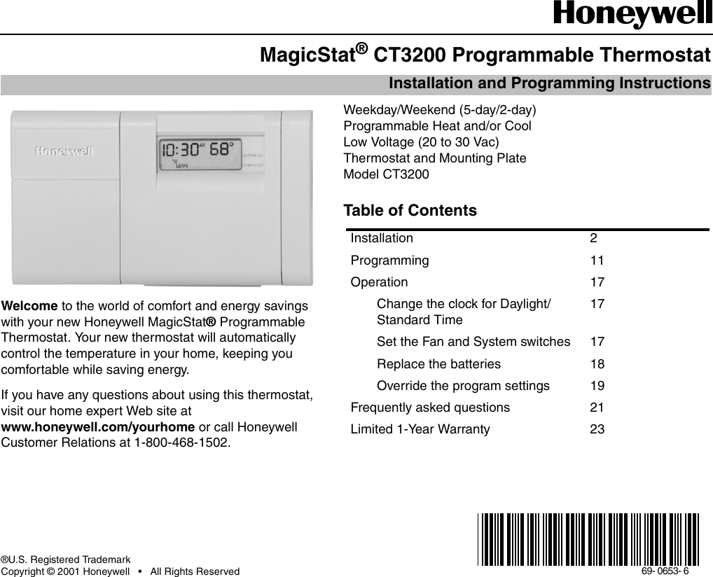 Honeywell Thermostat Ct3200 Users Manual 69 0653 MagicStat Programmable  Thermostat,