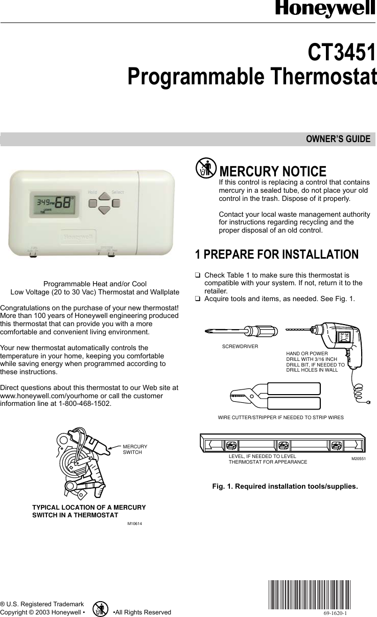 Honeywell Thermostat Ct3451 Users Manual 69 1620, Programmable