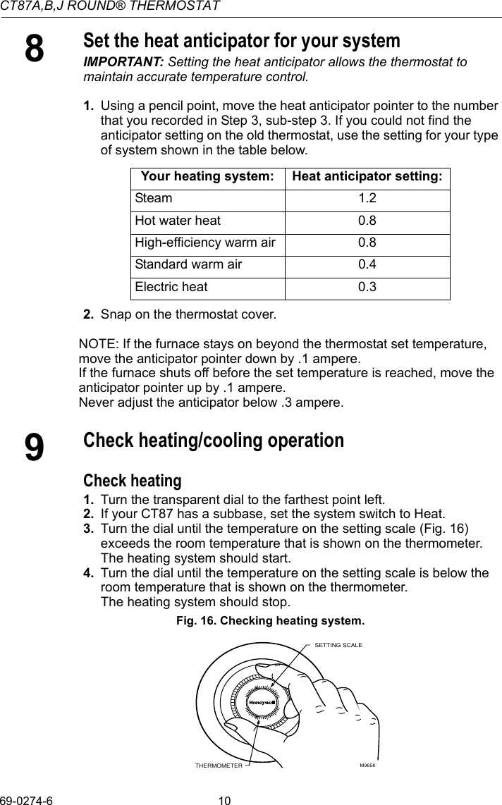 Page 10 of 12 - Honeywell Honeywell-Honeywell-Thermostat-Ct87A-Users-Manual- 69-0274 - CT87A,B,J Round Thermostat  Honeywell-honeywell-thermostat-ct87a-users-manual