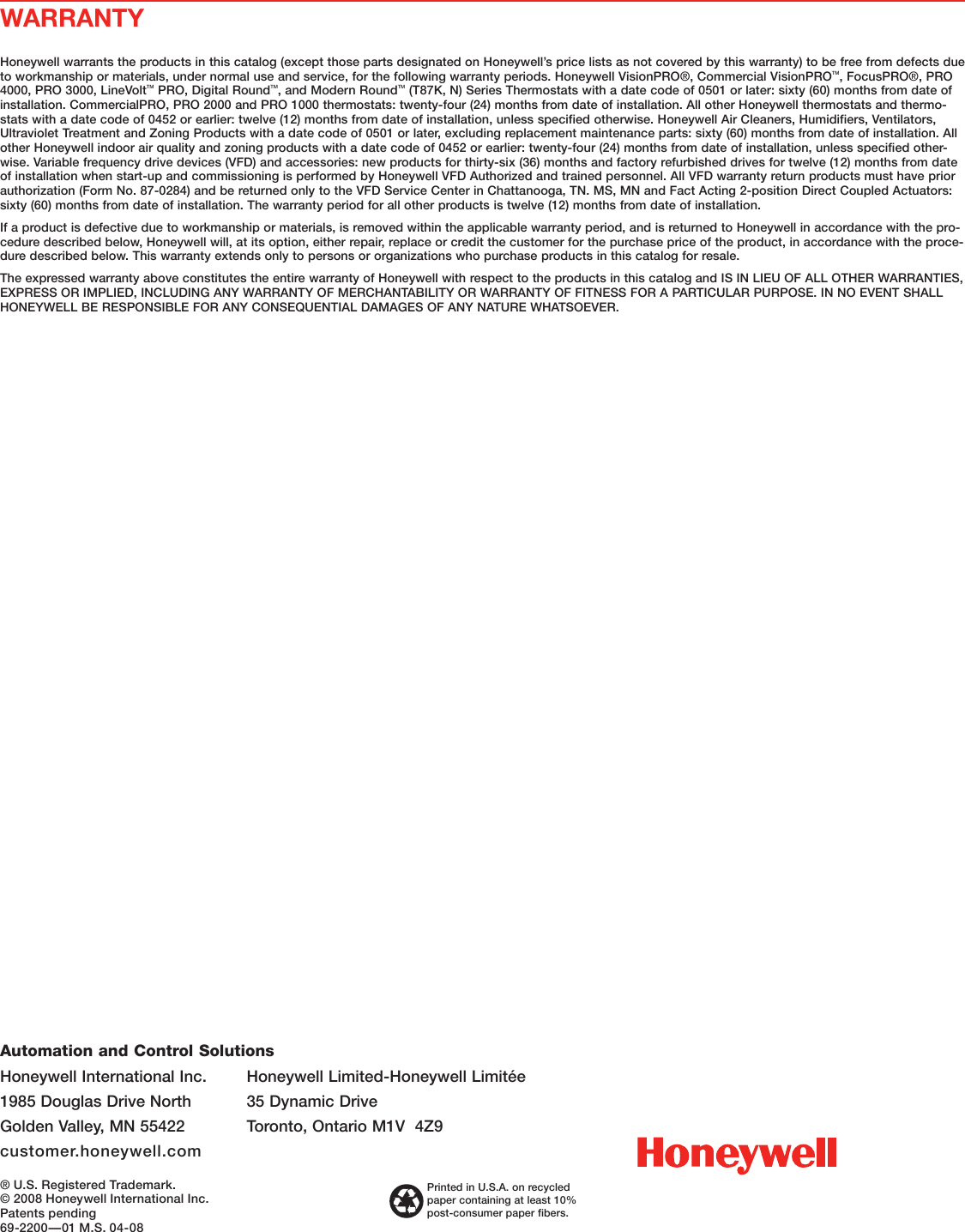 Page 8 of 8 - Honeywell Honeywell-Honeywell-Thermostat-Hz221-Users-Manual- 69-2200-01 - HZ221 TrueZONE Honeywell-honeywell-thermostat-hz221-users-manual