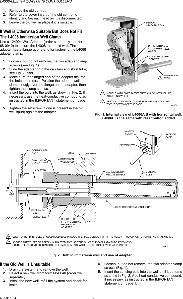 Page 2 of 8 - Honeywell Honeywell-Honeywell-Thermostat-L4006B-Users-Manual- 60-0915 - L4006A,B,E,H Aquastat Controllers  Honeywell-honeywell-thermostat-l4006b-users-manual