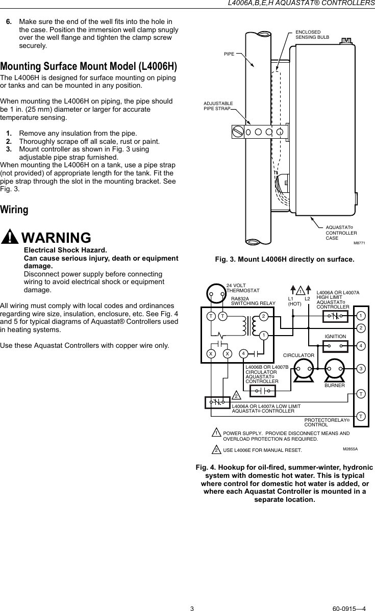 Page 3 of 8 - Honeywell Honeywell-Honeywell-Thermostat-L4006B-Users-Manual- 60-0915 - L4006A,B,E,H Aquastat Controllers  Honeywell-honeywell-thermostat-l4006b-users-manual