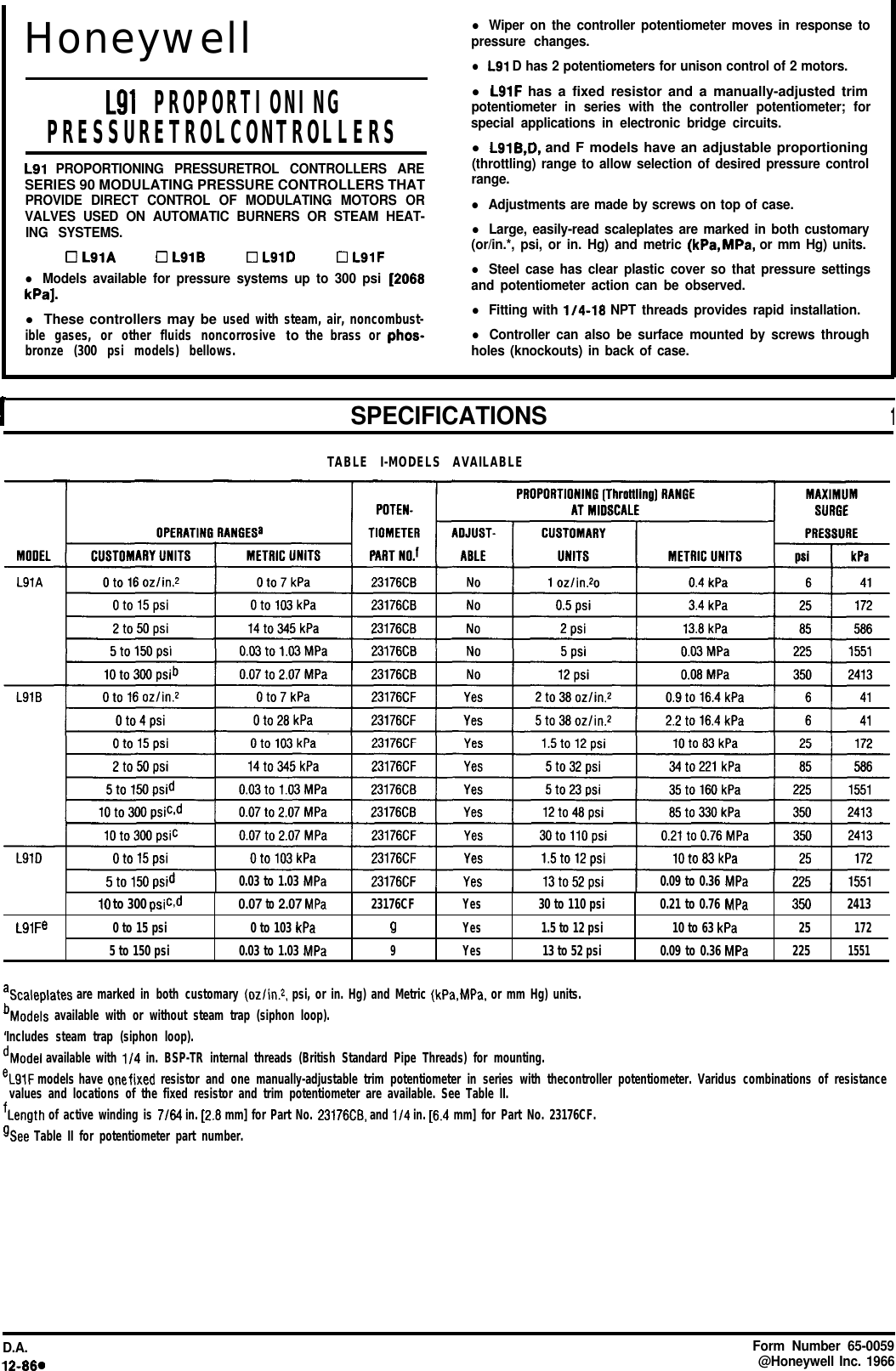 Page 1 of 2 - Honeywell Honeywell-Honeywell-Thermostat-L91B-Users-Manual- 65-0059 - L91 Proportionig Pressuretrol Controllers  Honeywell-honeywell-thermostat-l91b-users-manual