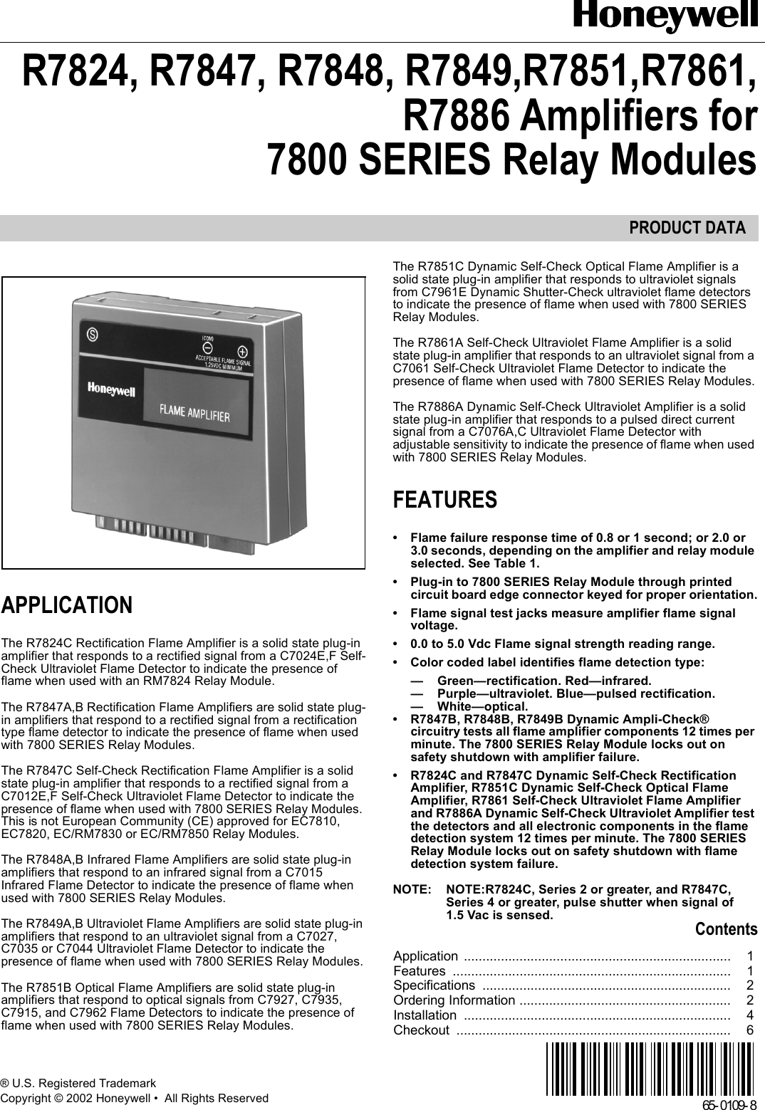 Page 1 of 8 - Honeywell Honeywell-Honeywell-Thermostat-R7847-Users-Manual- 65-0109 - R7824, R7847, R7848, R7849,R7851,R7861, R7886 Amplifiers Fir 7800 SERIES Relay Es  Honeywell-honeywell-thermostat-r7847-users-manual
