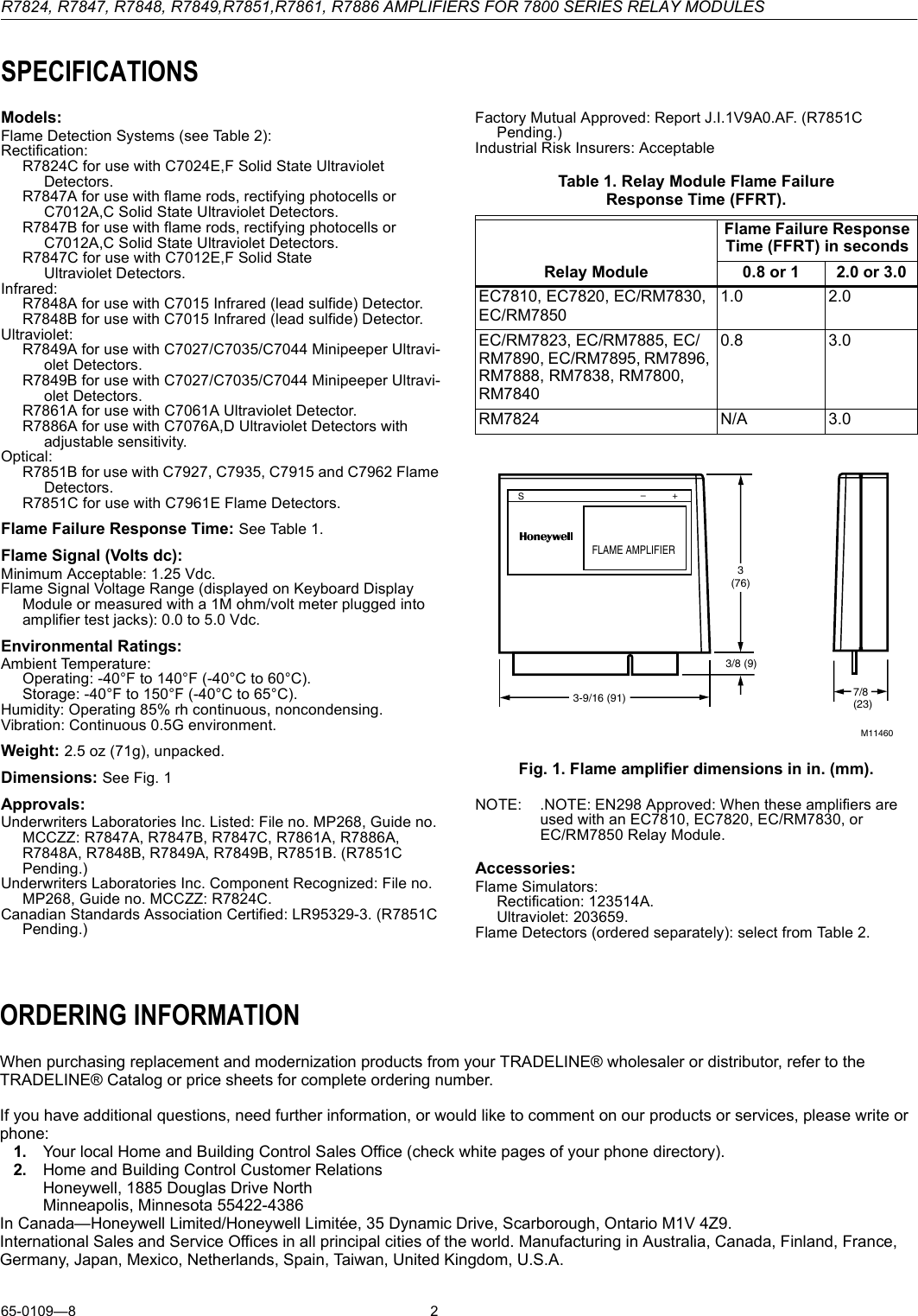 Page 2 of 8 - Honeywell Honeywell-Honeywell-Thermostat-R7847-Users-Manual- 65-0109 - R7824, R7847, R7848, R7849,R7851,R7861, R7886 Amplifiers Fir 7800 SERIES Relay Es  Honeywell-honeywell-thermostat-r7847-users-manual