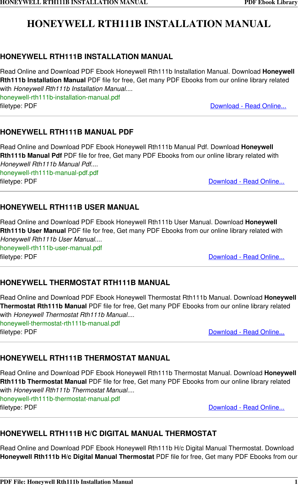Page 1 of 4 - Honeywell Honeywell-Honeywell-Thermostat-Rth111B-Users-Manual- RTH111B INSTALLATION MANUAL Honeywell-honeywell-thermostat-rth111b-users-manual