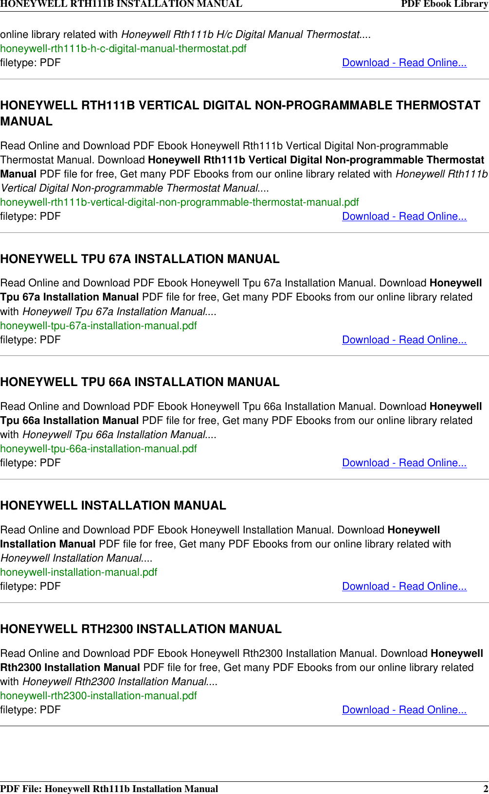 Page 2 of 4 - Honeywell Honeywell-Honeywell-Thermostat-Rth111B-Users-Manual- RTH111B INSTALLATION MANUAL Honeywell-honeywell-thermostat-rth111b-users-manual