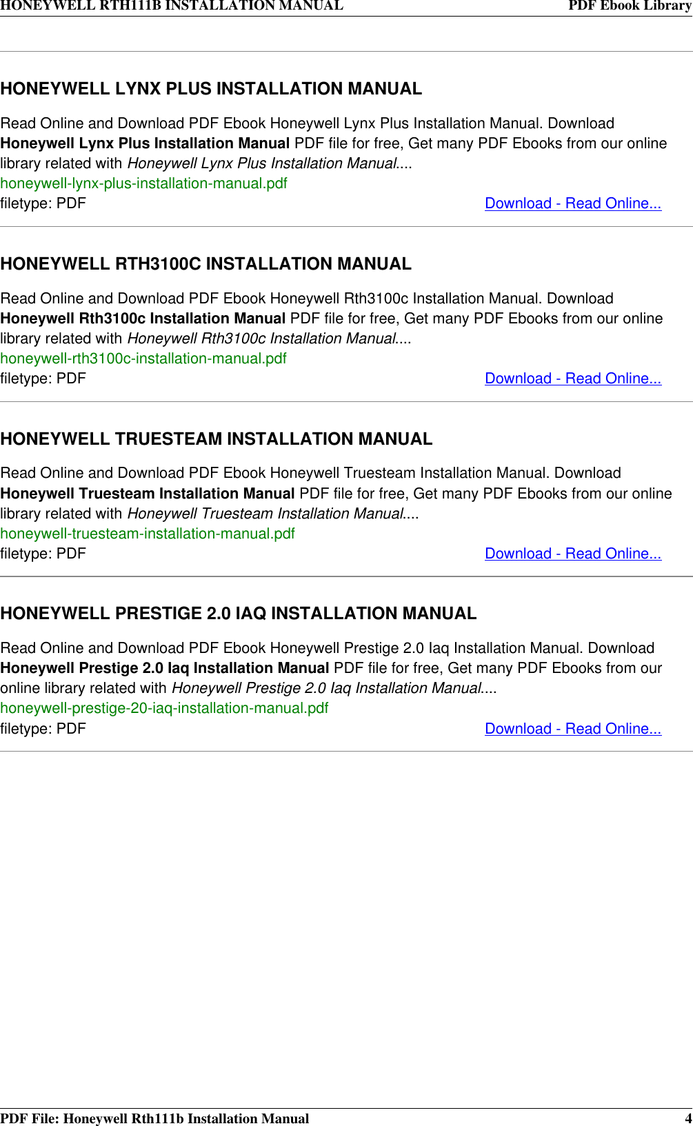 Page 4 of 4 - Honeywell Honeywell-Honeywell-Thermostat-Rth111B-Users-Manual- RTH111B INSTALLATION MANUAL Honeywell-honeywell-thermostat-rth111b-users-manual