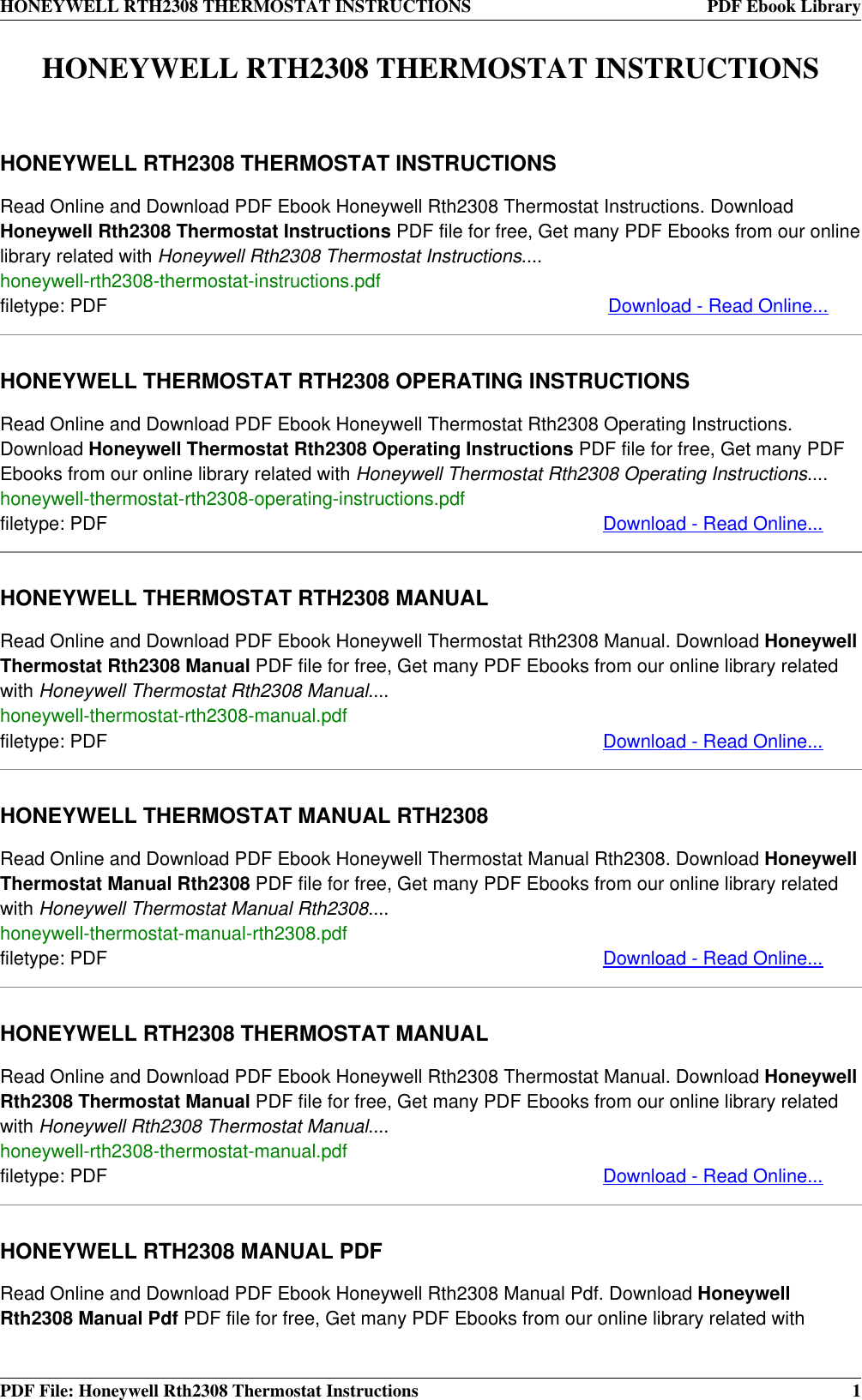 Page 1 of 4 - Honeywell Honeywell-Honeywell-Thermostat-Rth2308-Users-Manual- RTH2308 THERMOSTAT INSTRUCTIONS  Honeywell-honeywell-thermostat-rth2308-users-manual