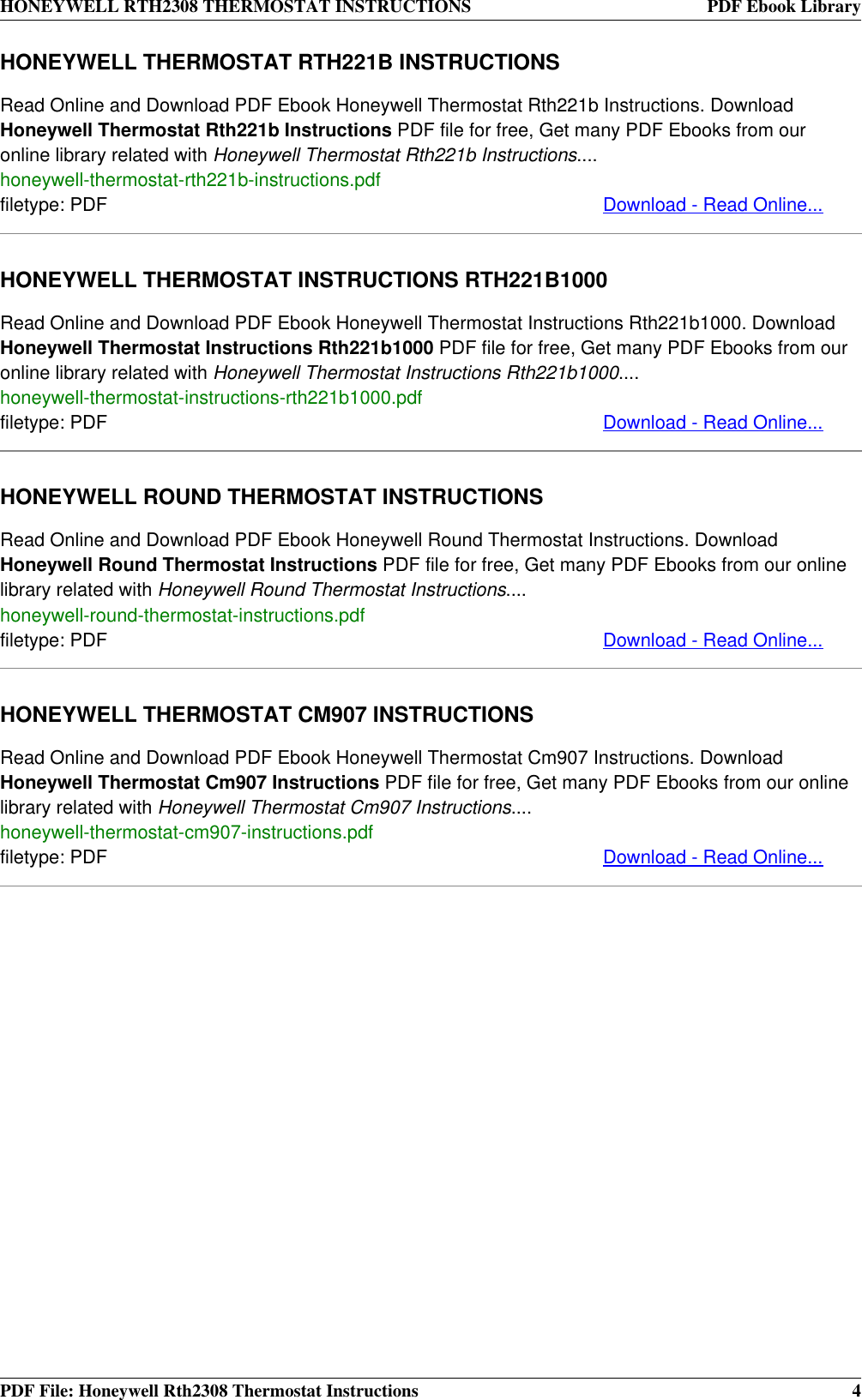 Page 4 of 4 - Honeywell Honeywell-Honeywell-Thermostat-Rth2308-Users-Manual- RTH2308 THERMOSTAT INSTRUCTIONS  Honeywell-honeywell-thermostat-rth2308-users-manual
