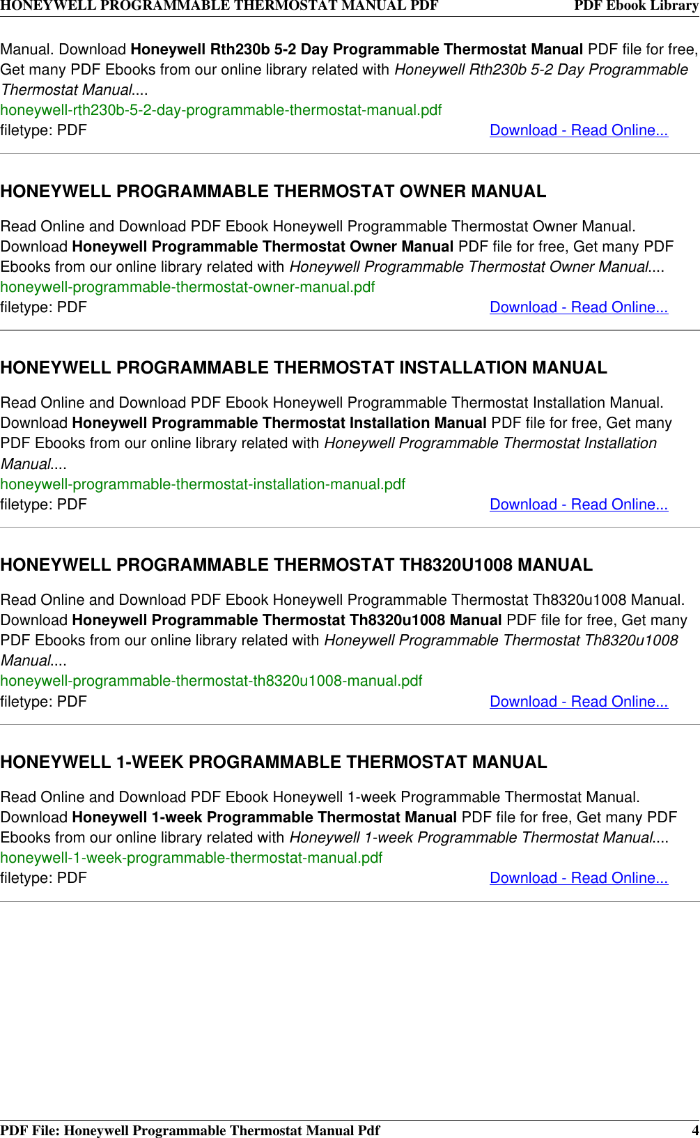 Honeywell Thermostat Rth230B Rth2510B Users Manual PROGRAMMABLE PDF