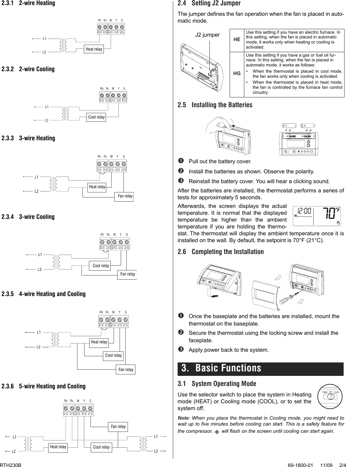 Page 2 of 4 - Honeywell Honeywell-Honeywell-Thermostat-Rth230B-Users-Manual- 69-1800 RTH230B Programmable Electronic Thermostat Installation And User Guide  Honeywell-honeywell-thermostat-rth230b-users-manual