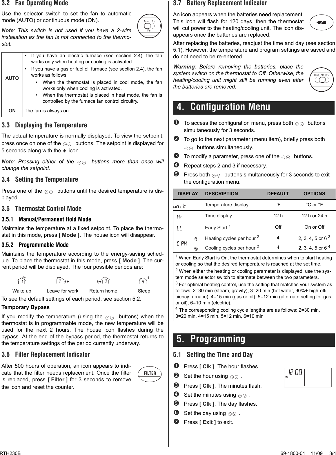 Page 3 of 4 - Honeywell Honeywell-Honeywell-Thermostat-Rth230B-Users-Manual- 69-1800 RTH230B Programmable Electronic Thermostat Installation And User Guide  Honeywell-honeywell-thermostat-rth230b-users-manual