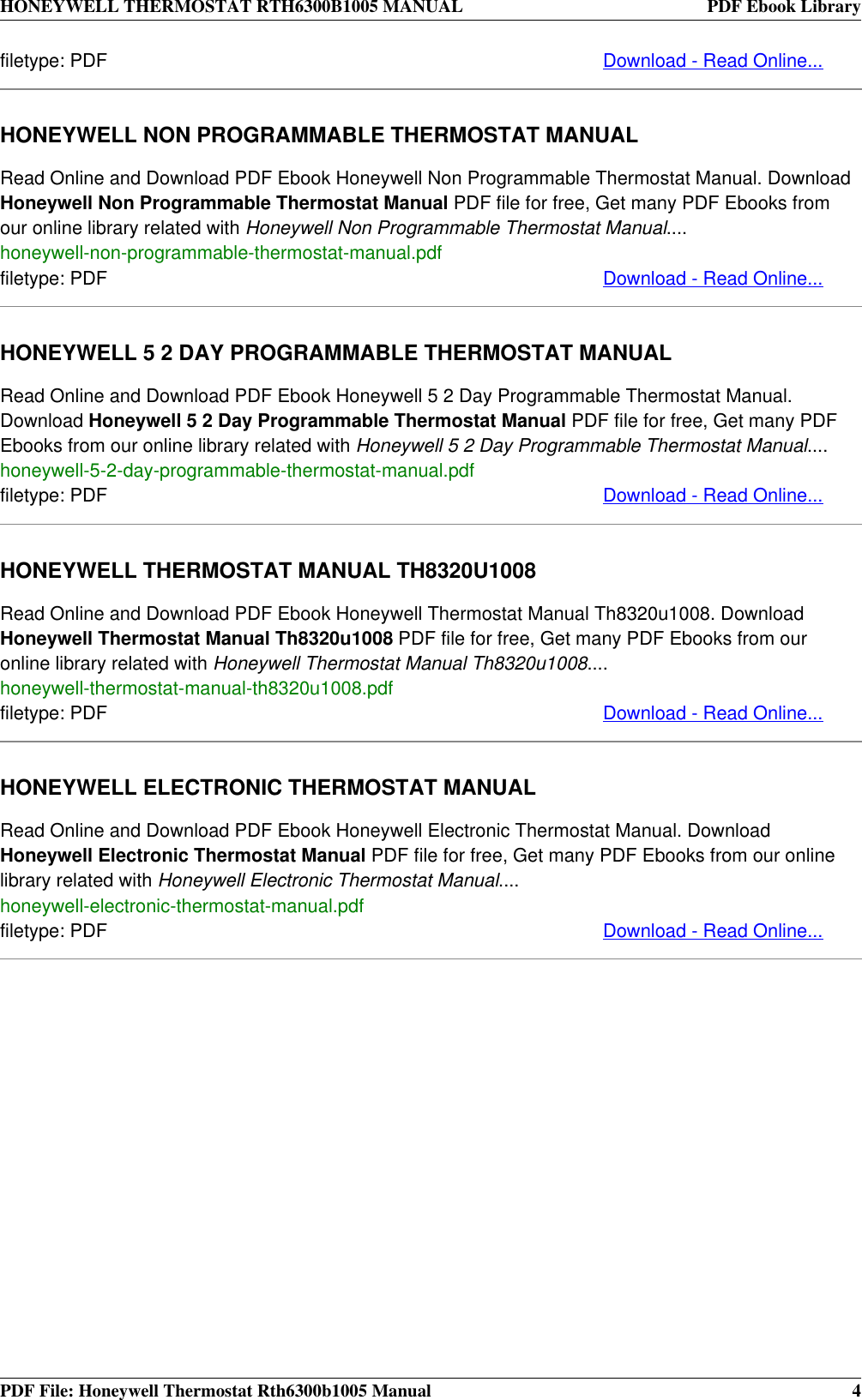 Page 4 of 4 - Honeywell Honeywell-Honeywell-Thermostat-Rth6300B1005-Users-Manual- THERMOSTAT RTH6300B1005 MANUAL  Honeywell-honeywell-thermostat-rth6300b1005-users-manual