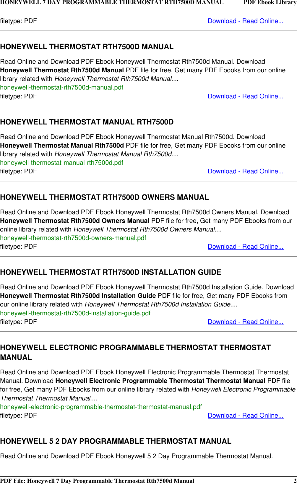 Page 2 of 4 - Honeywell Honeywell-Honeywell-Thermostat-Rth7500D-Users-Manual- 7 DAY PROGRAMMABLE THERMOSTAT RTH7500D MANUAL  Honeywell-honeywell-thermostat-rth7500d-users-manual