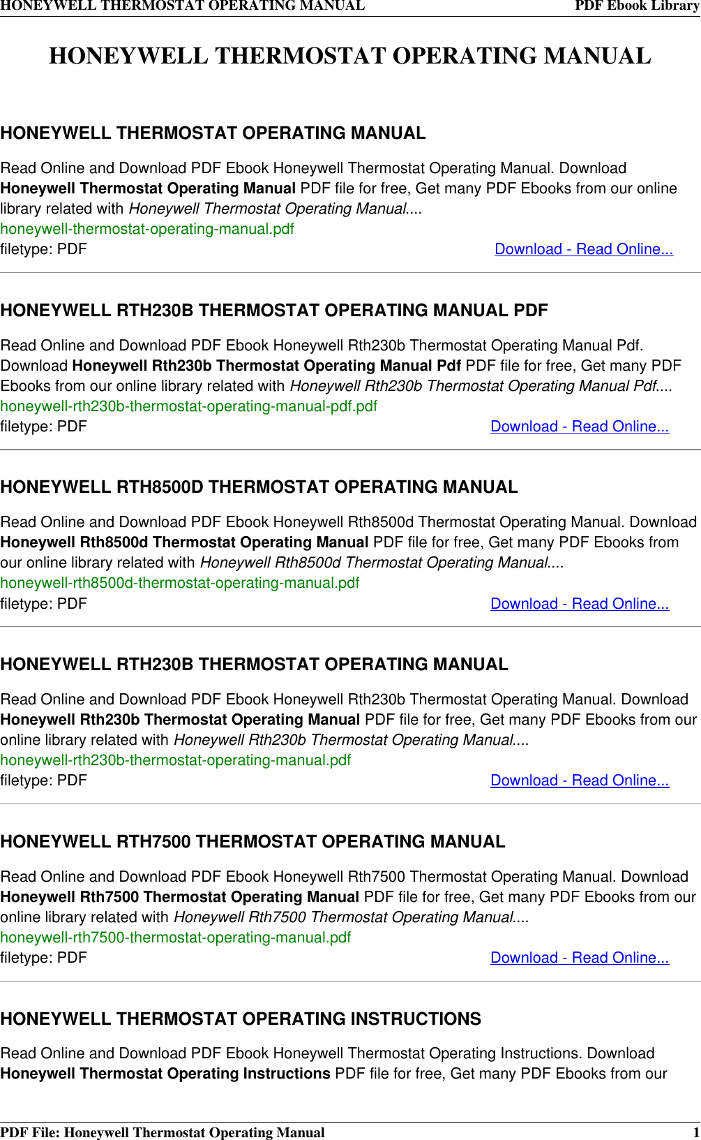 Page 1 of 4 - Honeywell Honeywell-Honeywell-Thermostat-Rth8500D-Users-Manual- THERMOSTAT OPERATING MANUAL  Honeywell-honeywell-thermostat-rth8500d-users-manual