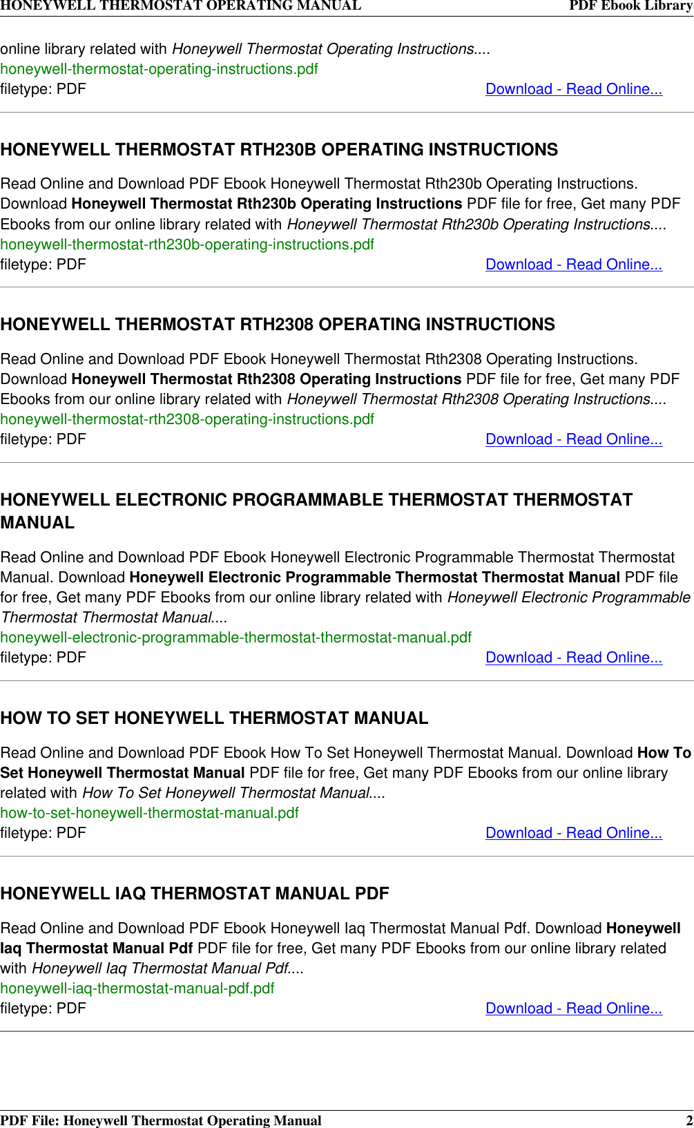 Page 2 of 4 - Honeywell Honeywell-Honeywell-Thermostat-Rth8500D-Users-Manual- THERMOSTAT OPERATING MANUAL  Honeywell-honeywell-thermostat-rth8500d-users-manual