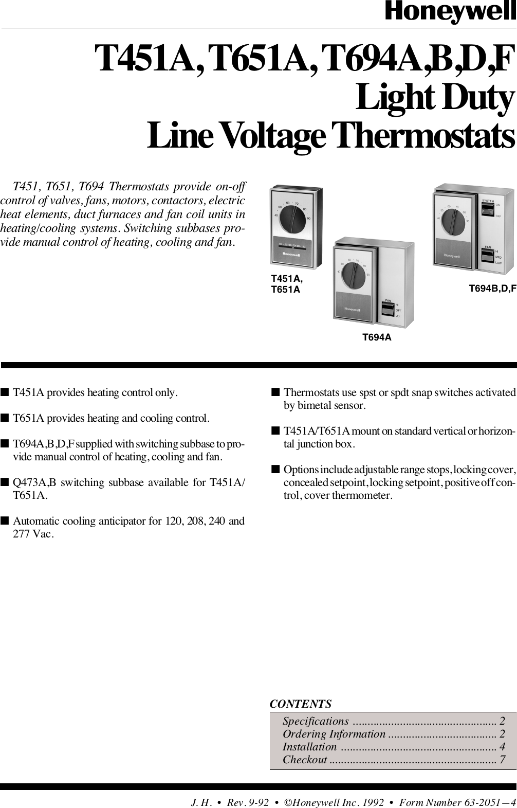 Page 1 of 8 - Honeywell Honeywell-Honeywell-Thermostat-T451A-Users-Manual- 63-2051 - T451A, T651A, T694A,B,D,F Light Duty Line Voltage Thermostats  Honeywell-honeywell-thermostat-t451a-users-manual