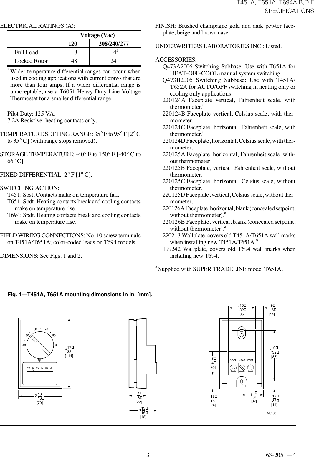 Page 3 of 8 - Honeywell Honeywell-Honeywell-Thermostat-T451A-Users-Manual- 63-2051 - T451A, T651A, T694A,B,D,F Light Duty Line Voltage Thermostats  Honeywell-honeywell-thermostat-t451a-users-manual