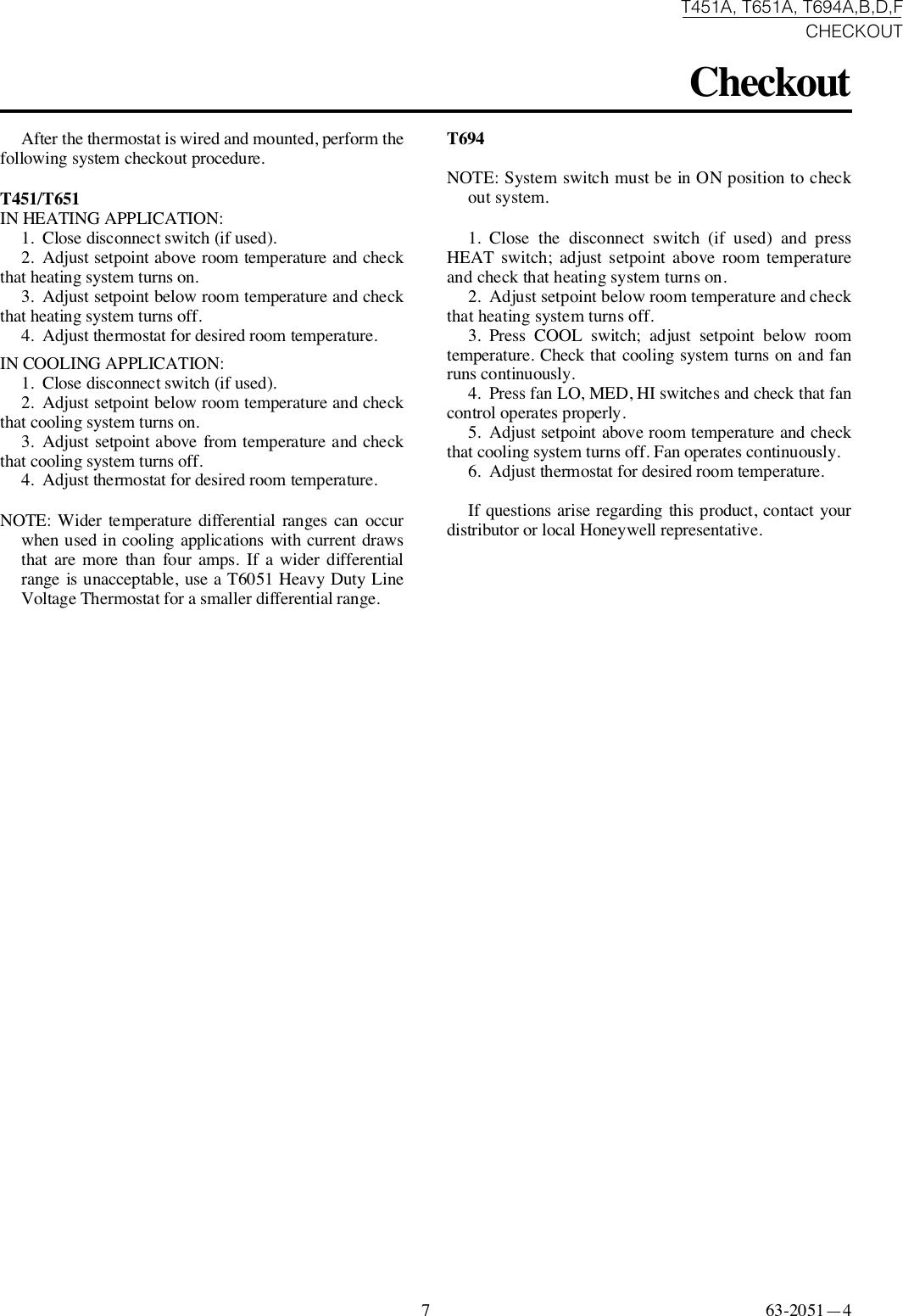 Page 7 of 8 - Honeywell Honeywell-Honeywell-Thermostat-T451A-Users-Manual- 63-2051 - T451A, T651A, T694A,B,D,F Light Duty Line Voltage Thermostats  Honeywell-honeywell-thermostat-t451a-users-manual