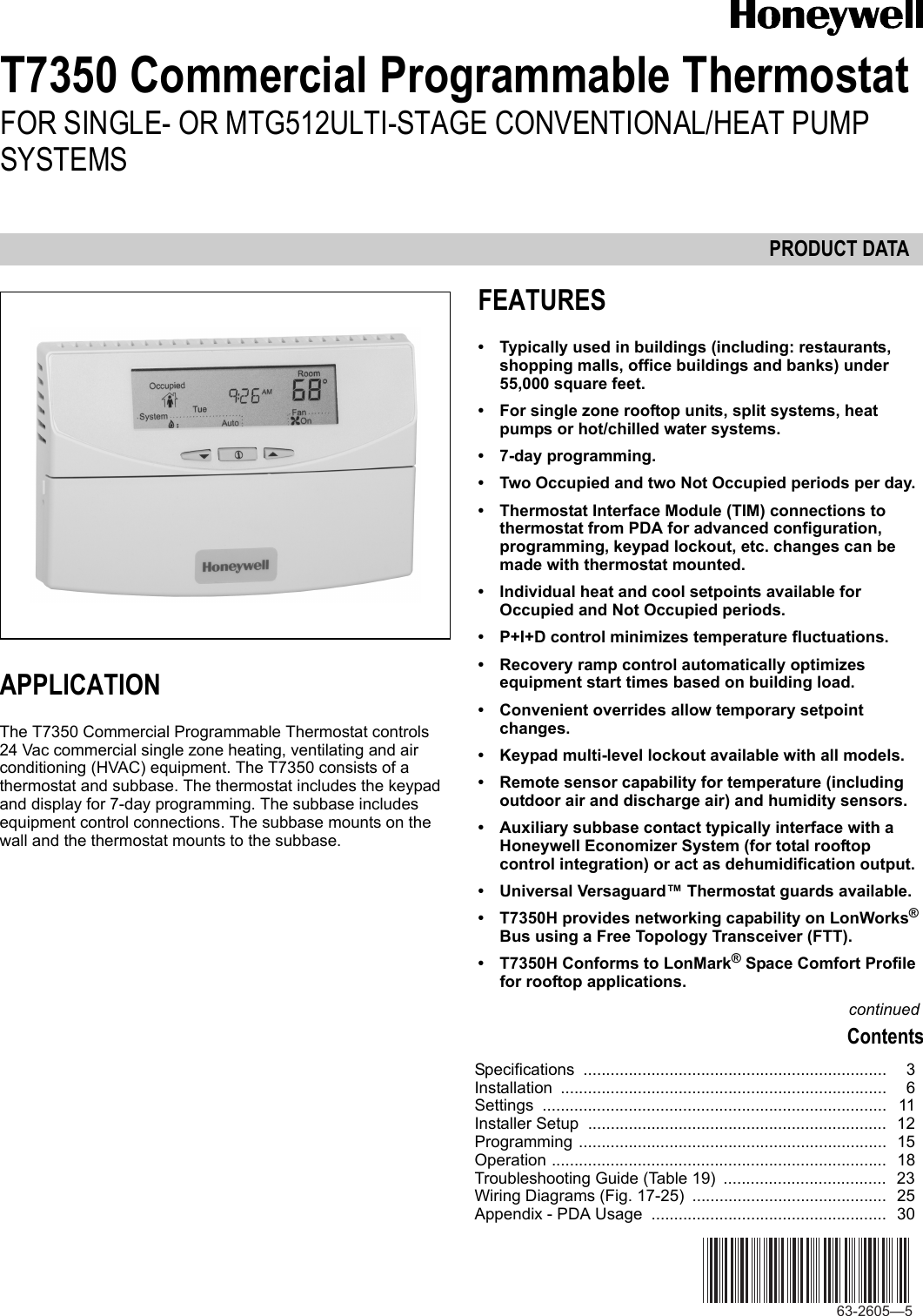 Honeywell Thermostat T7350 Users Manual 63 2605 Commercial Programmable