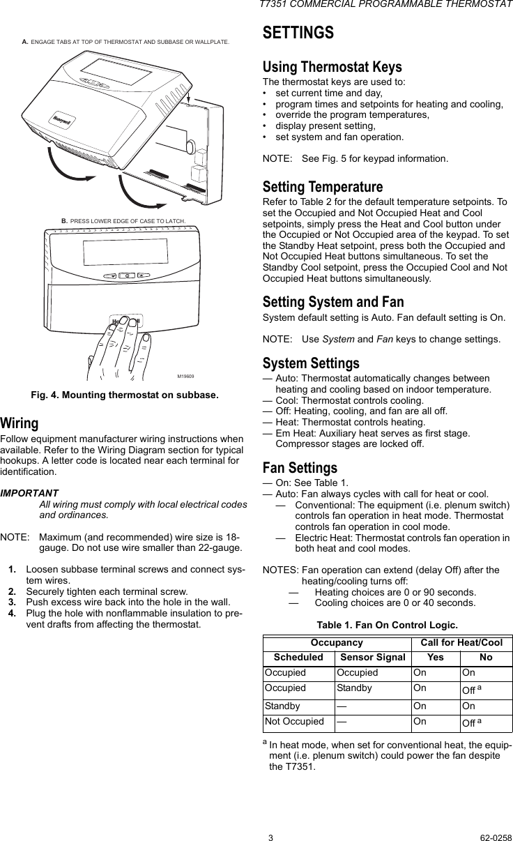 Page 3 of 12 - Honeywell Honeywell-Honeywell-Thermostat-T7351-Users-Manual- 62-0258 - T7351 Commercial Programmable Thermostat  Honeywell-honeywell-thermostat-t7351-users-manual