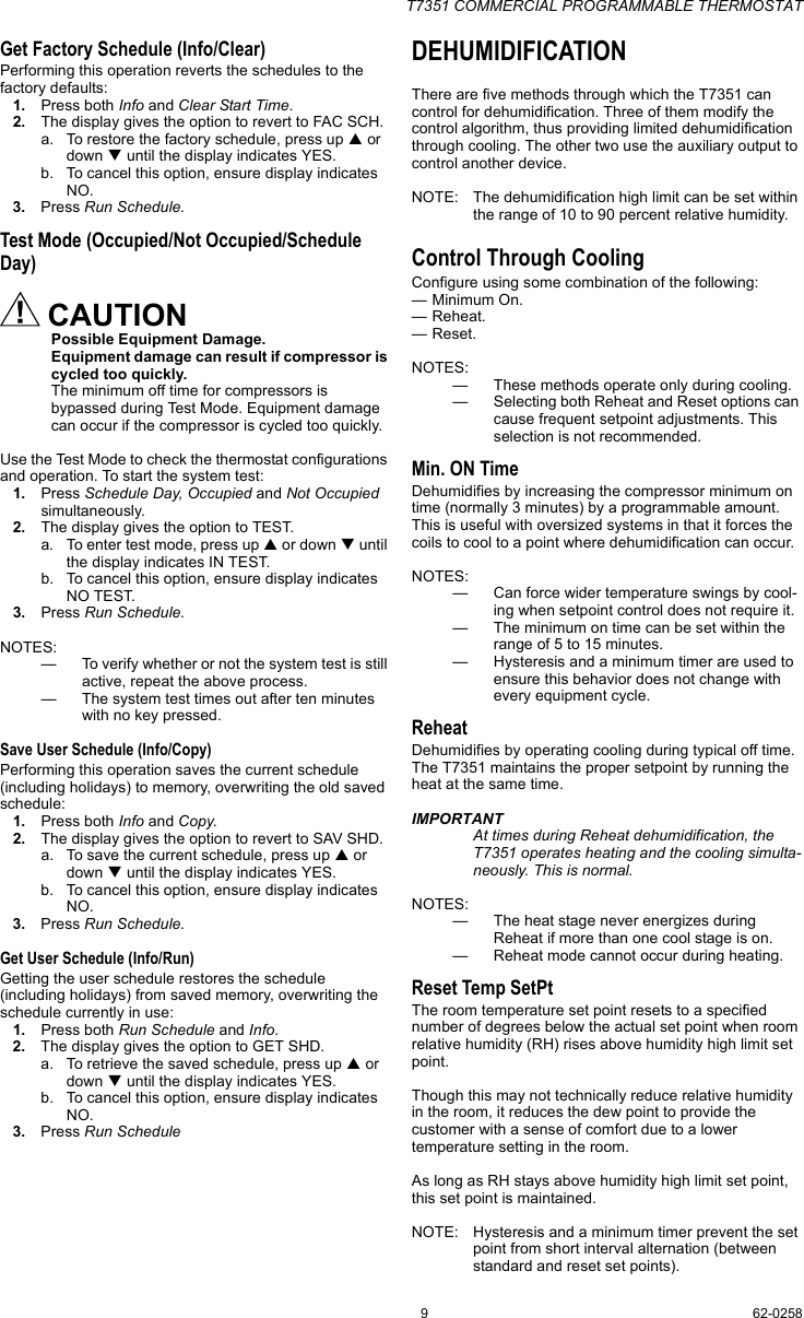 Page 9 of 12 - Honeywell Honeywell-Honeywell-Thermostat-T7351-Users-Manual- 62-0258 - T7351 Commercial Programmable Thermostat  Honeywell-honeywell-thermostat-t7351-users-manual